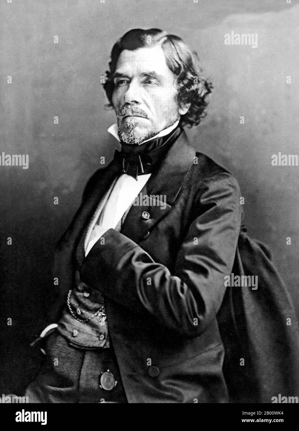 France:  Eugène Delacroix (1798 – 1863), photographed by Félix Nadar (1820-1910), 1858.  Ferdinand Victor Eugène Delacroix (26 April 1798 – 13 August 1863) was a French Romantic artist regarded from the outset of his career as the leader of the French Romantic school. Delacroix's use of expressive brushstrokes and his study of the optical effects of colour profoundly shaped the work of the Impressionists, while his passion for the exotic inspired the artists of the Symbolist movement. Stock Photo