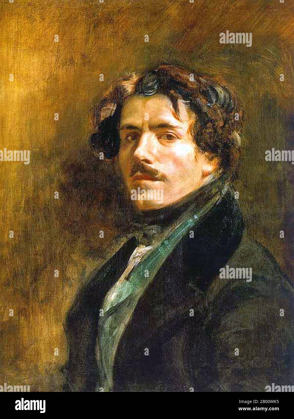 France:  'Self-Portrait in a Green Vest'. Ink on canvas painting by Eugène Delacroix (1798 – 1863), c. 1837.  Ferdinand Victor Eugène Delacroix (26 April 1798 – 13 August 1863) was a French Romantic artist regarded from the outset of his career as the leader of the French Romantic school. Delacroix's use of expressive brushstrokes and his study of the optical effects of colour profoundly shaped the work of the Impressionists, while his passion for the exotic inspired the artists of the Symbolist movement. Stock Photo