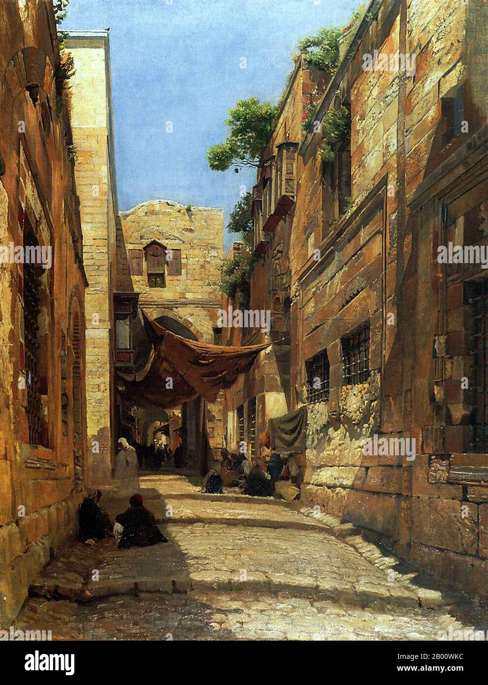 Palestine: 'David Street, Jerusalem'. Oil on canvas painting by Gustav Bauernfeind (1848-1904), 1887.  Gustav Bauernfeind (1848-1904) was a German Orientalist painter. After his first visit to Jaffa and Jerusalem in 1880-81, he traveled widely in the Middle East, particularly to the Holy Land and Damascus, eventually settling in Jerusalem where he died in 1904. Stock Photo