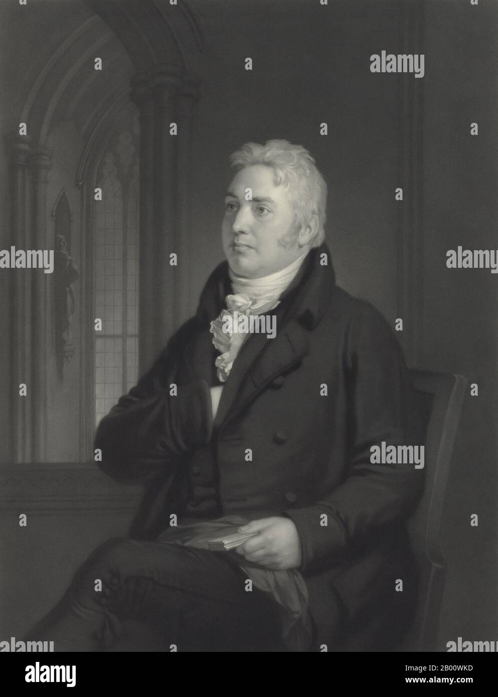 England: 'Samuel Taylor Coleridge at Age 42'. Mezzotint print by Samuel Cousins (1801-1887), 1854.  An engraving of English philosopher and poet Samuel Taylor Coleridge (1772–1834), most famous for his poems The Rime of the Ancient Mariner and Kubla Khan. Coleridge was a member of the Lake Poets who, with his friend William Wordsworth, founded the Romantic Movement in England. He also helped introduce German idealism to English-speaking culture and was influential on American transcendentalism (via Ralph Waldo Emerson). Stock Photo