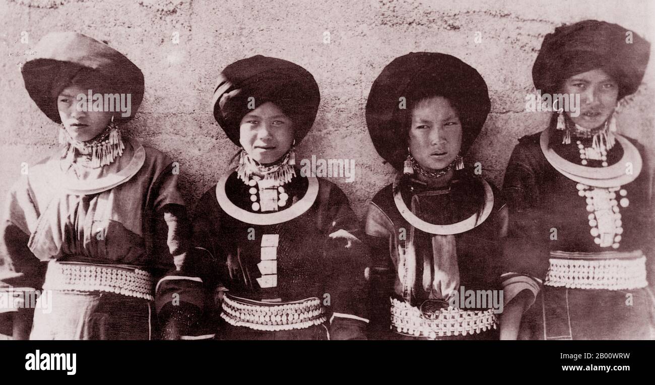 Burma/Myanmar: Young Lisu women from the Hmai Kha area in festive attire in 1890.  The Lisu people are a Tibeto-Burman ethnic group who inhabit the mountainous regions of Burma, Southwest China, Thailand, and the Indian state of Arunachal Pradesh. About 730,000 live in Lijiang, Baoshan, Nujiang, Diqing and Dehong prefectures in Yunnan Province, China where they are recognized as one of China’s official 56 ethnic groups. In Burma, the Lisu are one of the seven Kachin minority groups and an estimated 350,000 live in Kachin and Shan states. Approximately 55,000 live in Thailand. Stock Photo