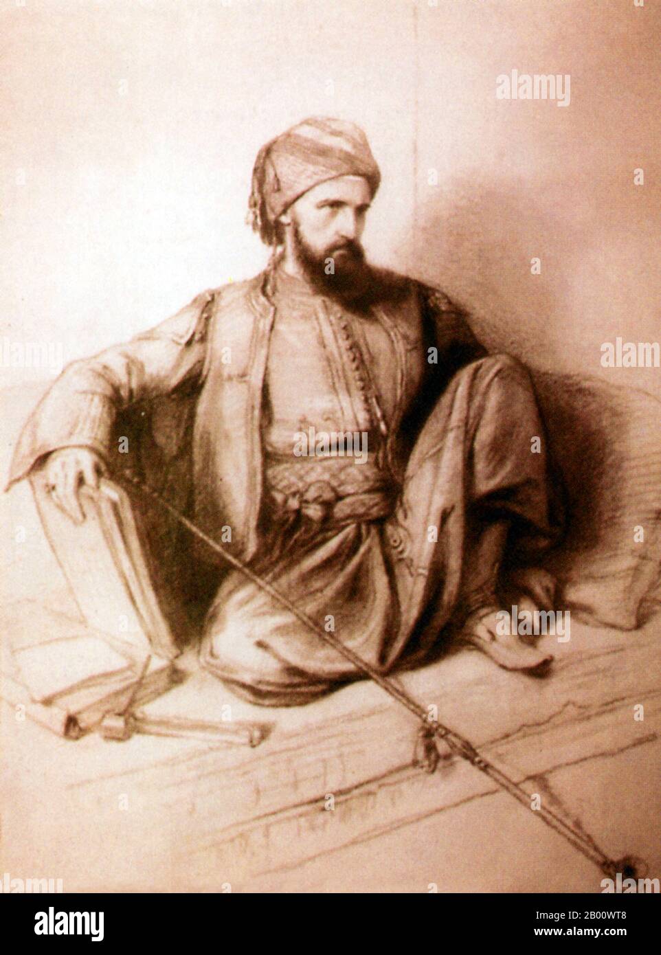 Egypt: A portrait of British scholar Edward W. Lane in traditional Ottoman Turk dress holding a pipe. Illustration by Richard James Lane (1800-1872), 1835.  Edward William Lane (1801-1876) was a British Orientalist, translator and Arabic scholar who lived in Ottoman Cairo from 1825-28. So fascinated was he with Egypt, he dressed as an Ottoman Turk and spent much time sketching the backstreets of Cairo. Upon his return to England he translated the novel ‘Arabian Nights’ [‘1001 nights’] and ‘Selections from the Qur’an’. Stock Photo