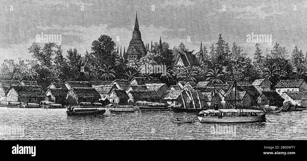 Cambodia: A drawing of the new Khmer capital of Phnom Penh. Illustration by Louis Delaporte (1842-1925), 1887.  Situated on the banks of the Tonle Sap, Mekong and Bassac rivers, Phnom Penh is an ideal location for a trading centre and capital city. It is today home to more than 2 million of Cambodia's 14 million population.  Phnom Penh first became the capital of Cambodia after Ponhea Yat, the last king of the Khmer Empire, was forced to flee Angkor Thom after it was seized by the Siamese army in 1393. Phnom Penh remained the royal capital until 1505 when it was abandoned for 360 years. Stock Photo