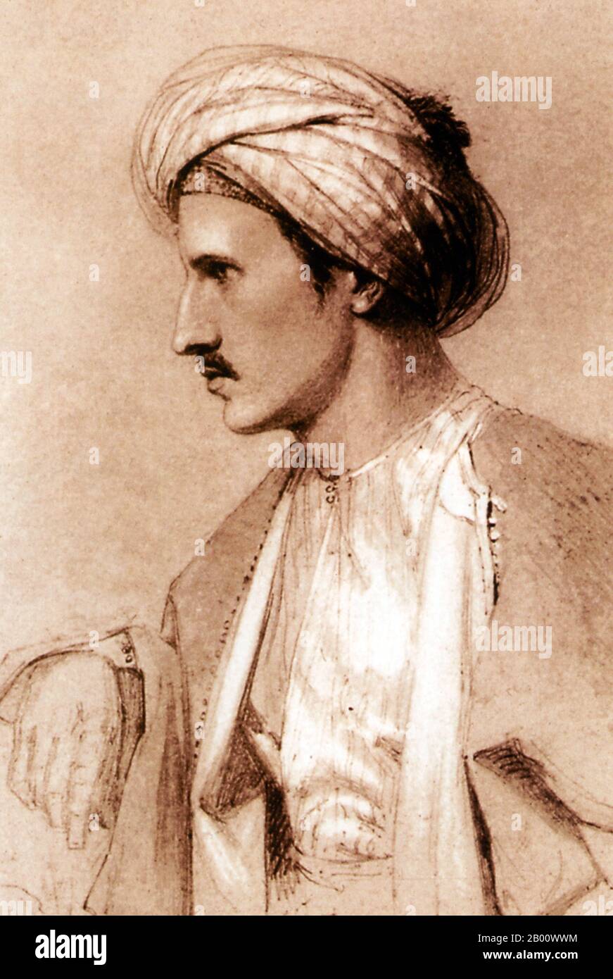 Egypt: A portrait of Edward W. Lane in traditional Ottoman dress, sketched by his brother, Richard James Lane (1800-1872), in Cairo in 1825.   Edward William Lane (1801-1876) was a British Orientalist, translator and Arabic scholar who lived in Ottoman Cairo from 1825-28. So fascinated was he with Egypt, he dressed as an Ottoman Turk and spent much time sketching the backstreets of Cairo. Upon his return to England he translated the novel ‘Arabian Nights’ [‘1001 nights’] and ‘Selections from the Qur’an’. Stock Photo