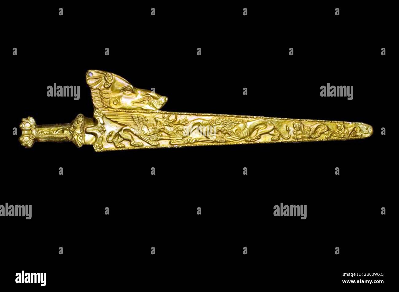 Ukraine: Scythian gold sword and scabbard.   The scabbard has a representation of the intertwined beasts and gryphons of the Inner Earth. From Bolschaja Beloserka. Museum of Historic Treasures of Ukraine, Kiev. Image released to the press in 2009.  The Scythians were an ancient Iranian people of horse-riding nomadic pastoralists who throughout Classical Antiquity dominated the Pontic-Caspian steppe, known at the time as Scythia. By Late Antiquity the closely-related Sarmatians came to dominate the Scythians in the west. Stock Photo