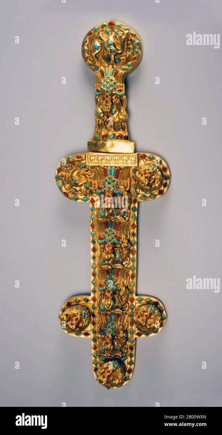 Ukraine: A Sarmatian golden dagger and scabbard studded with turquoise and carnelian, 1st century CE, from Datschi Kurgan, near Rostov. Azov Museum. Image released to the press in 2009.  The Scythians were an ancient Iranian people of horse-riding nomadic pastoralists who throughout Classical Antiquity dominated the Pontic-Caspian steppe, known at the time as Scythia. By Late Antiquity the closely-related Sarmatians came to dominate the Scythians in the west. Stock Photo