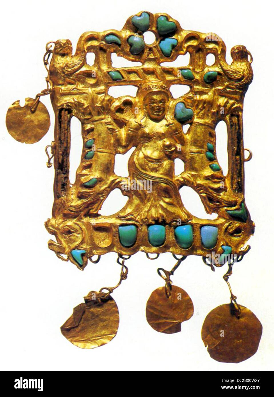 Afghanistan: Scythian Gold ornament from Tillia Tepe, c. 1st century BCE-1st century CE.  The Scythians were an ancient Iranian people of horse-riding nomadic pastoralists who throughout Classical Antiquity dominated the Pontic-Caspian steppe, known at the time as Scythia. By Late Antiquity the closely-related Sarmatians came to dominate the Scythians in the west. Stock Photo