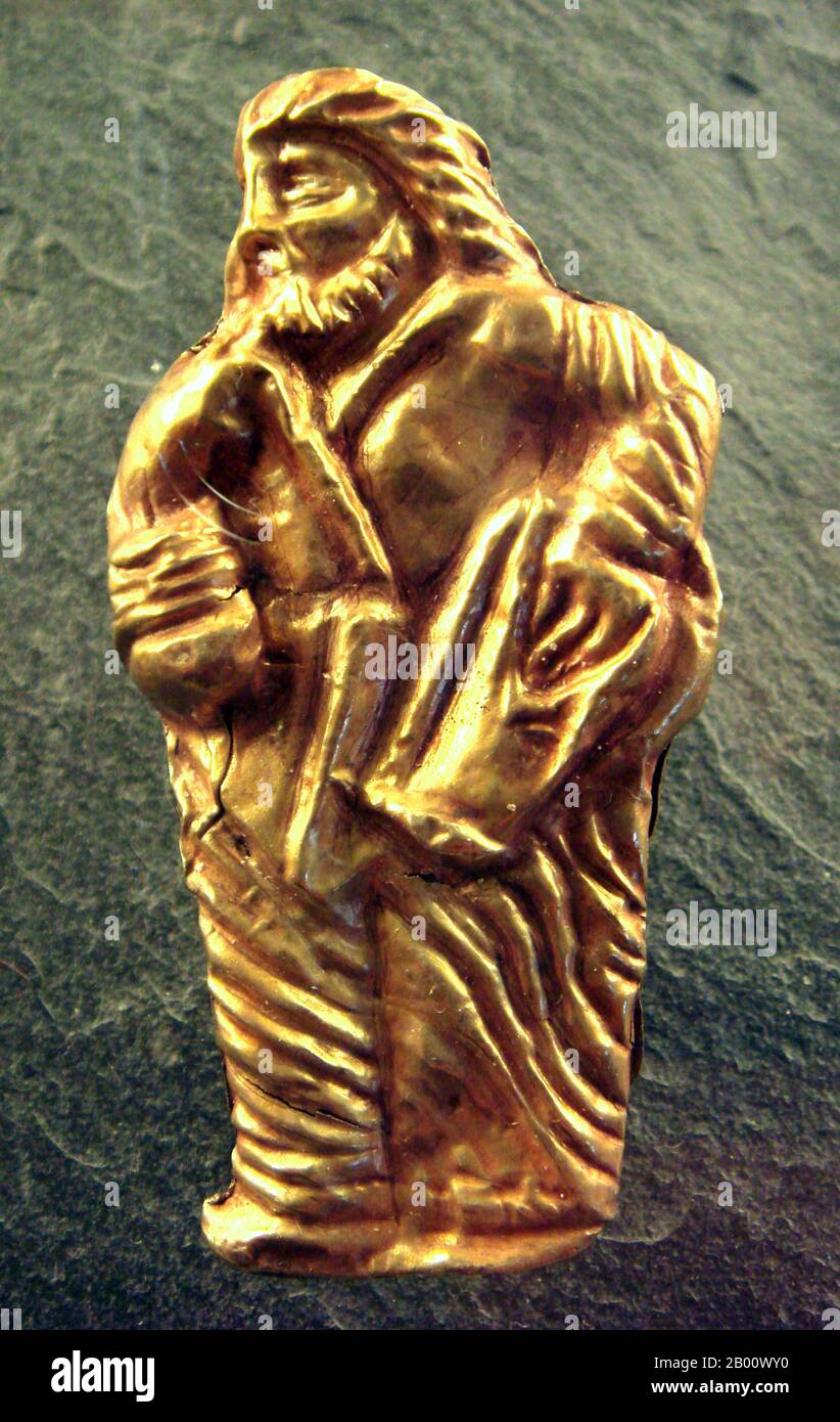 Ukraine: Gold image of a Scythian man, from the Scythian Treasure of Kul-Oba, near Kerch, 4th century BCE. Photo by PHGCOM (CC BY-SA 3.0 License).  The Scythians were an ancient Iranian people of horse-riding nomadic pastoralists who throughout Classical Antiquity dominated the Pontic-Caspian steppe, known at the time as Scythia. By Late Antiquity the closely-related Sarmatians came to dominate the Scythians in the west. Stock Photo