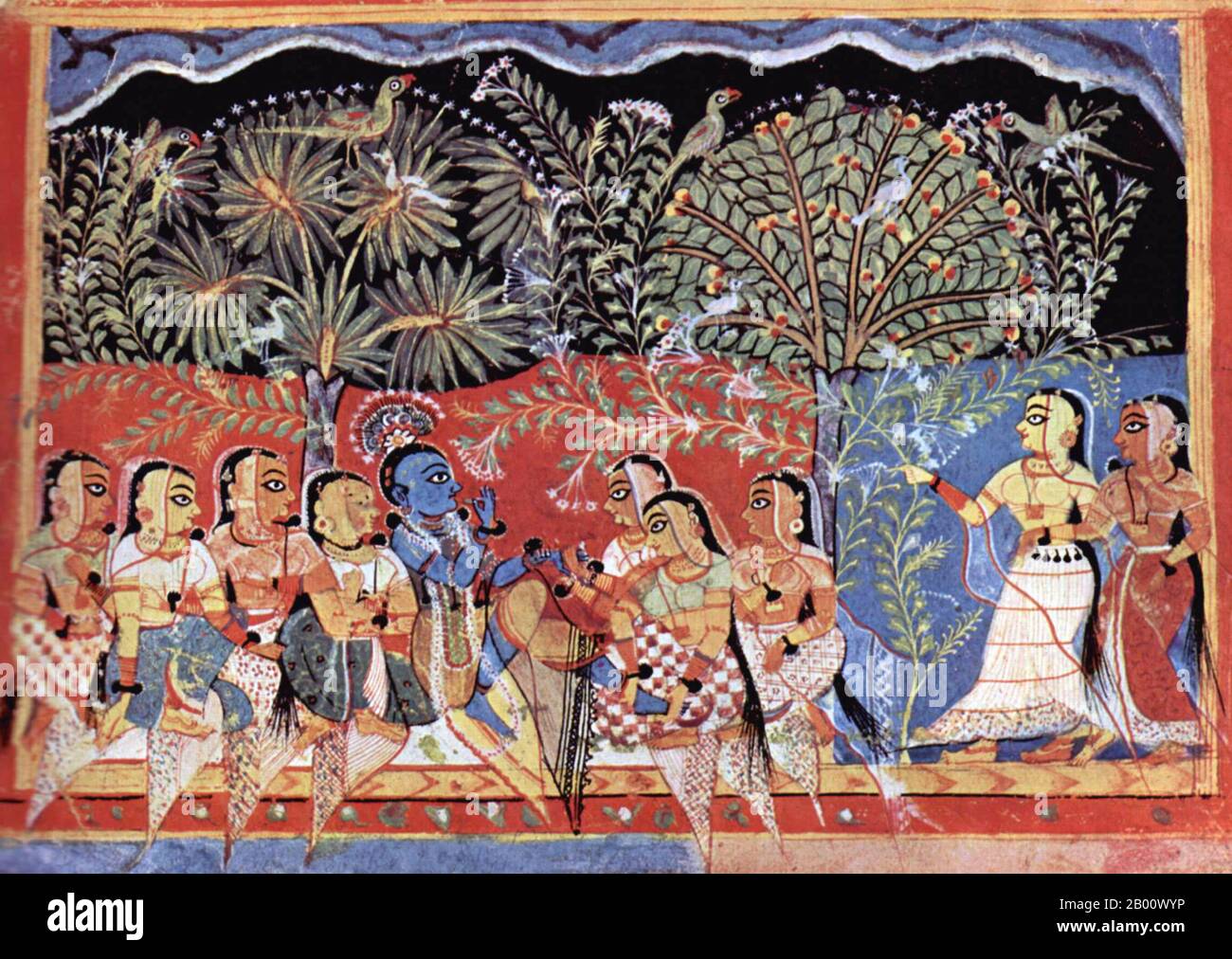 India: Gita Govinda manuscript, Krishna and the Gopis in the Forest (c. 1550).   The Gita Govinda is a work composed by the 12th-century poet, Jayadeva, who was born in Kenduli Sasan near Puri in Orissa. It describes the relationship between Krishna and the gopis (female cow herders) of Vrindavana, and in particular one gopi named Radha. This work has been of great importance in the development of the bhakti traditions of Hinduism. The Gita Govinda is organized into twelve chapters. Each chapter is further sub-divided into twenty four divisions called Prabandhas. Stock Photo