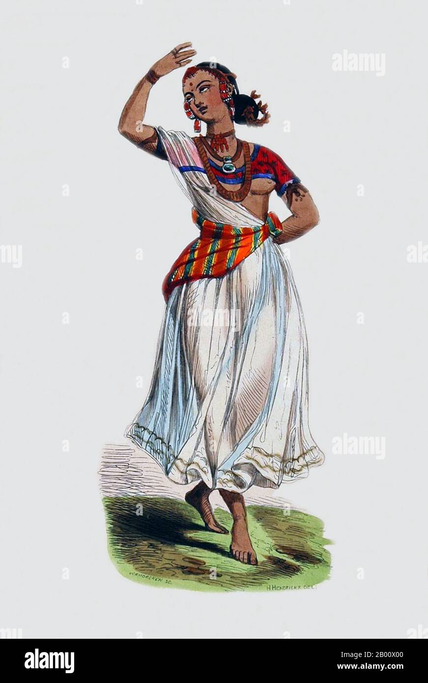 India/Belgium: 'A Dancing Girl/Bayadere'. Hand-coloured engraving by Auguste Wahlen (1785-1849), 1843.  A hand-coloured engraving from Auguste Wahlen's 'Moeurs, Usages, et Costumes de tous les Peuples de Monde, d'apres des Documents Authentiques et les Voyages les plus Recents' (Manners, Customs and Costumes of all the Peoples of the World taken from Authentic Documents and the Most Recent Travels). Stock Photo