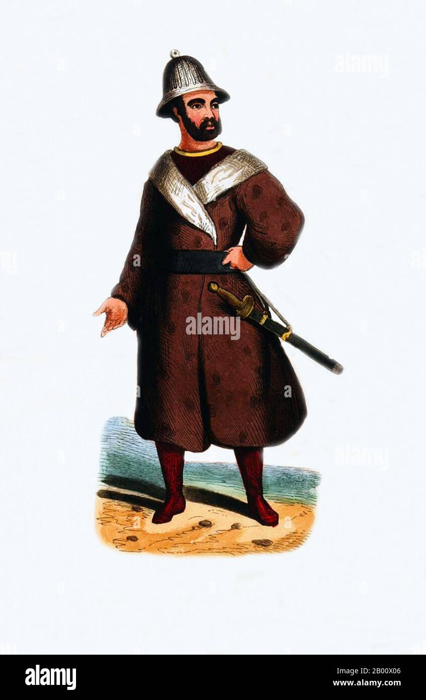Russia/Belgium: 'A Kamchatkan Aleut/Eleuthe'. Hand-coloured engraving by Auguste Wahlen (1785-1849), 1843.  A hand-coloured engraving from Auguste Wahlen's 'Moeurs, Usages, et Costumes de tous les Peuples de Monde, d'apres des Documents Authentiques et les Voyages les plus Recents' (Manners, Customs and Costumes of all the Peoples of the World taken from Authentic Documents and the Most Recent Travels). Stock Photo