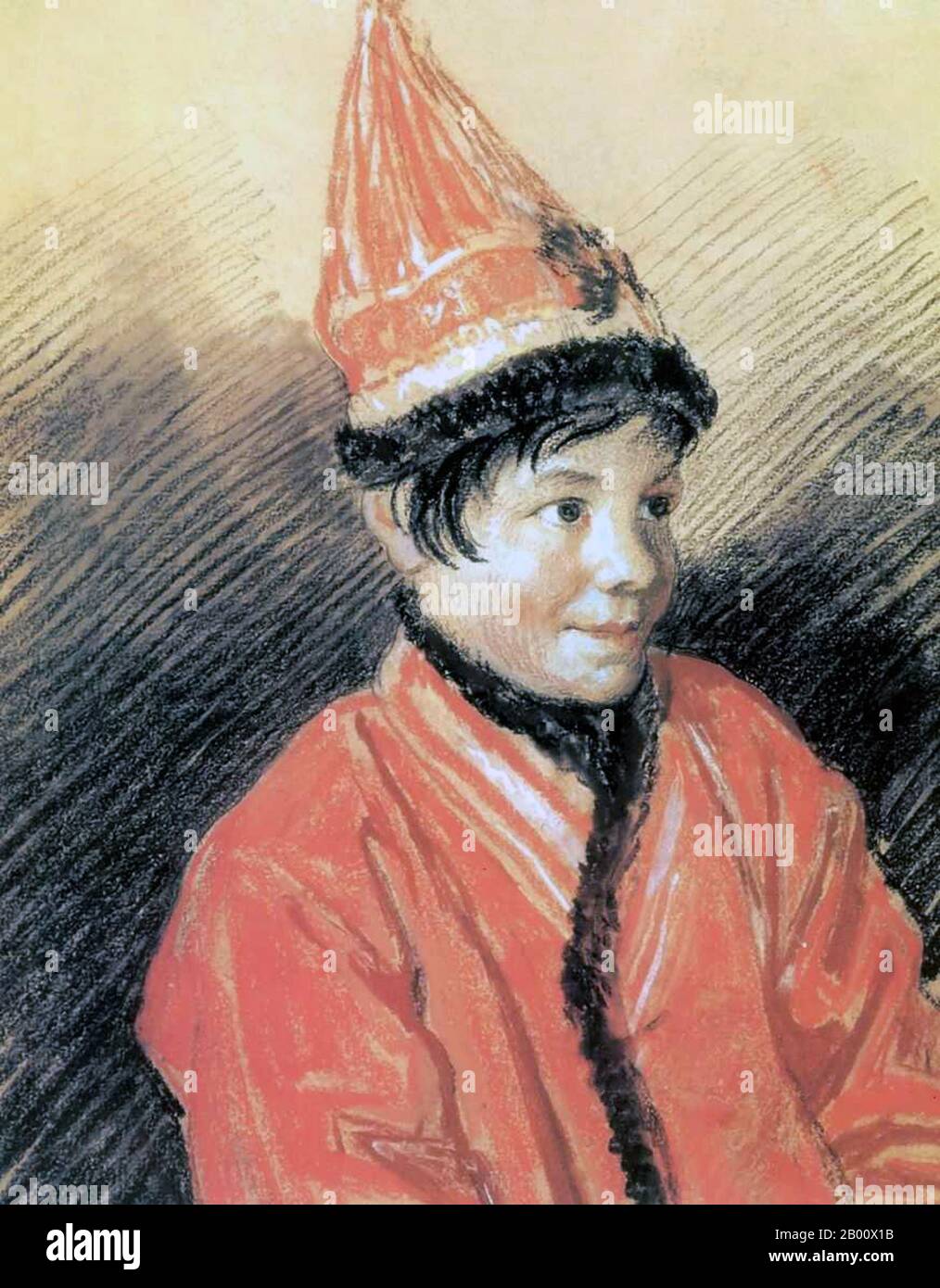 Russia: Portrait of a Kalmyk Woman, Orest Kiprensky (1782-1836), 1813.  Kalmyk people or Kalmyks (alternatively translated as 'Kalmuck,' 'Kalmuk,' or 'Kalmyki') is the name given to western Mongolic people - Oirats, whose descendants migrated from western China in the seventeenth century. Today they form a majority in the autonomous Republic of Kalmykia on the western shore of the Caspian Sea. Through emigration, small Kalmyk communities have been established in the United States, France, Germany, Switzerland, and the Czech Republic. Stock Photo