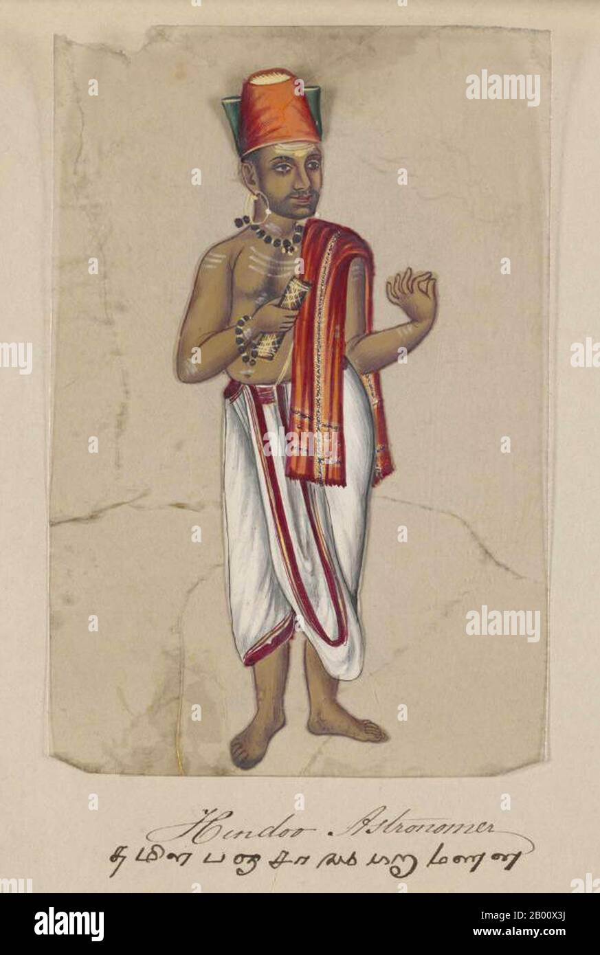 India: 'Hindoo/Hindu Astronomer'. Hand-colored image painted on a thin sheet of mica from a manuscript entitled: ‘Seventy-Two Specimens of Caste in India’ (Madura, southern India: 1837).  The full book consists of 72 full-color hand-painted images of men and women of the various castes and religious and ethnic groups found in Madura, Tamil Nadu, at that time. The manuscript shows Indian dress and jewelry adornment in the Madura region as they appeared before the onset of Western influences on South Asian dress and style. Each illustrated portrait is captioned in English and in Tamil. Stock Photo
