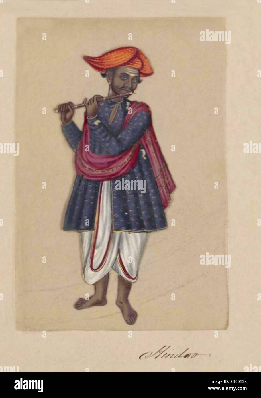 India: 'Hindoo/Hindu Flautist'. Hand-colored image painted on a thin sheet of mica from a manuscript entitled: ‘Seventy-Two Specimens of Caste in India’ (Madura, southern India: 1837).  The full book consists of 72 full-color hand-painted images of men and women of the various castes and religious and ethnic groups found in Madura, Tamil Nadu, at that time. The manuscript shows Indian dress and jewelry adornment in the Madura region as they appeared before the onset of Western influences on South Asian dress and style. Each illustrated portrait is captioned in English and in Tamil. Stock Photo