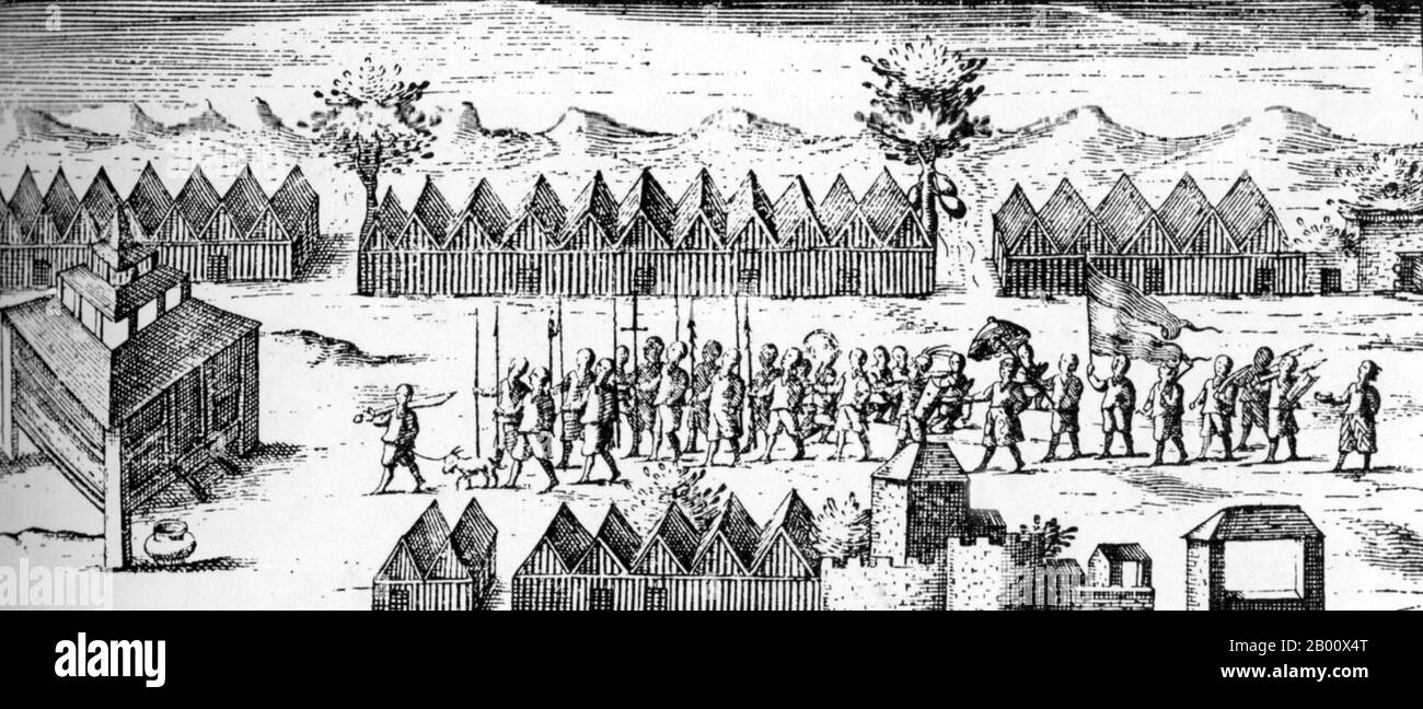 Indonesia: A royal procession to Friday prayers at the mosque on the island of Ternate in the Moluccas in 1599.  This Dutch woodcut depicts Ternate mosque (far left) and the palace of Ternate in the foreground. The illustration was first published in the Dutch journal, Het Tweede Boeck. Stock Photo