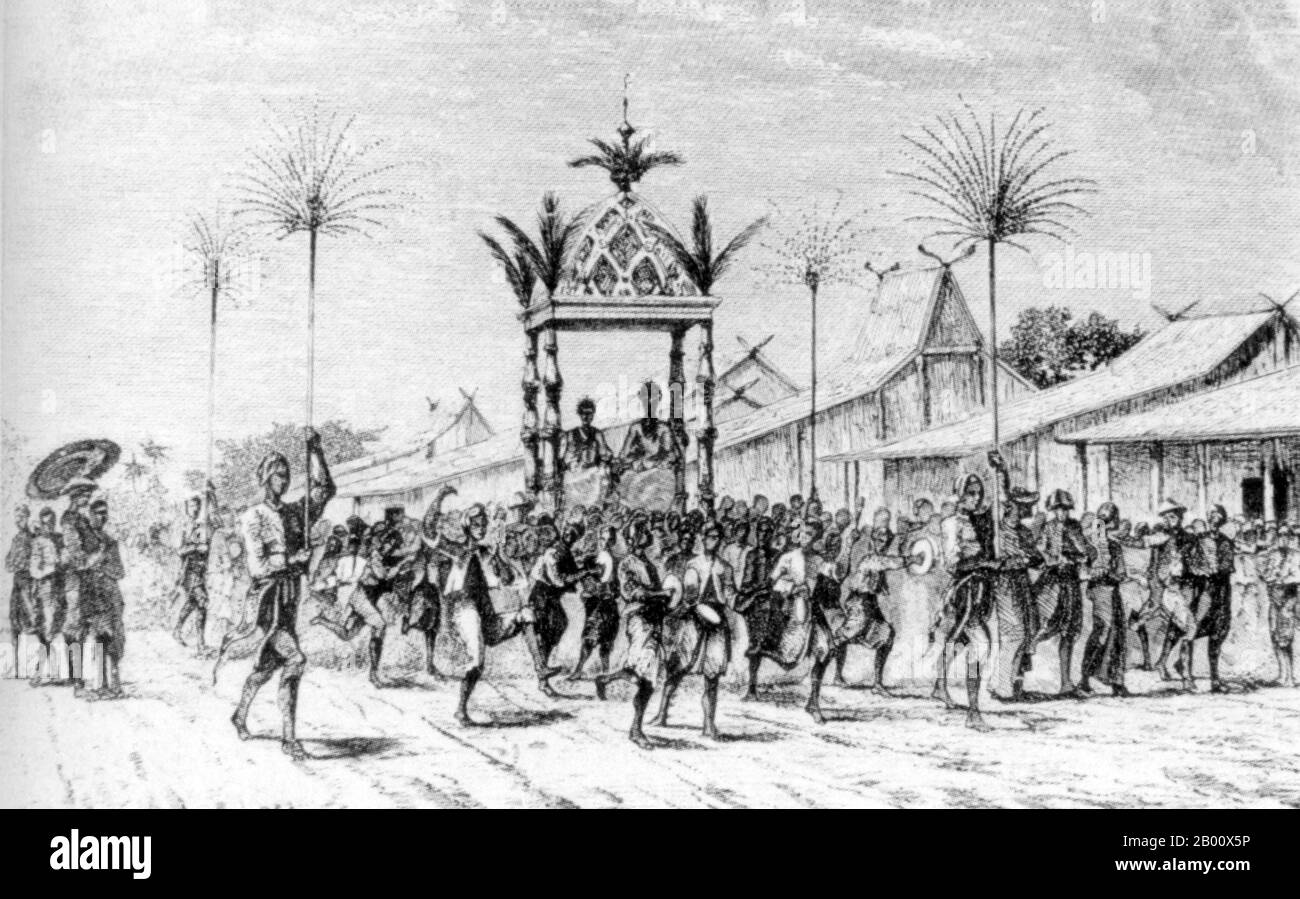Indonesia: An early 19th-century Muslim wedding procession in Java.  Taken from a contemporary woodcut, this illustration shows the bride and groom carried through the street while guests play music and dance. Stock Photo