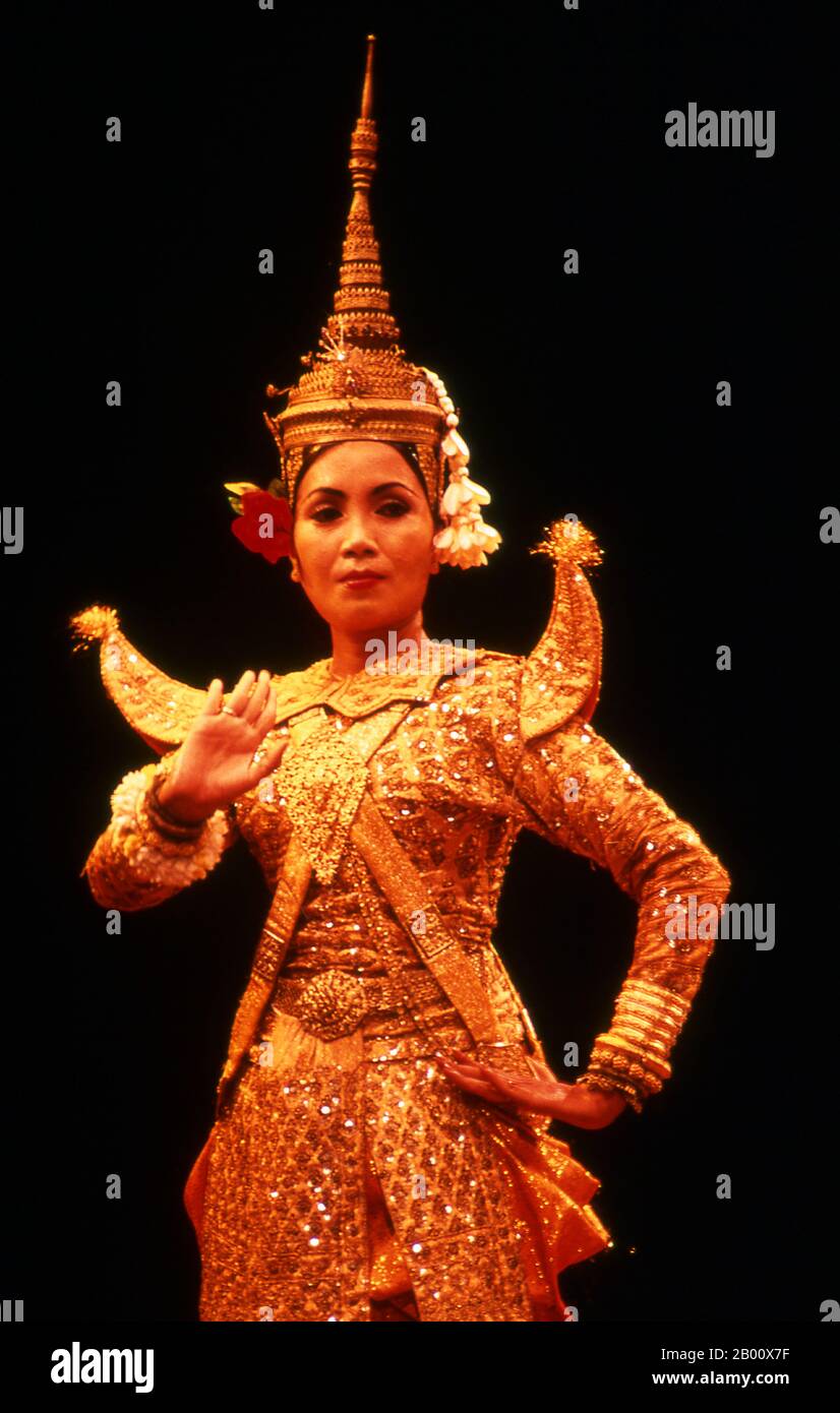 Cambodia: Dancer, Royal Ballet of Cambodia, Phnom Penh  Khmer classical dance is similar to the classical dances of Thailand and Cambodia. The Reamker is a Khmer version of the Ramayana and is one of the most commonly performed dance dramas. Stock Photo