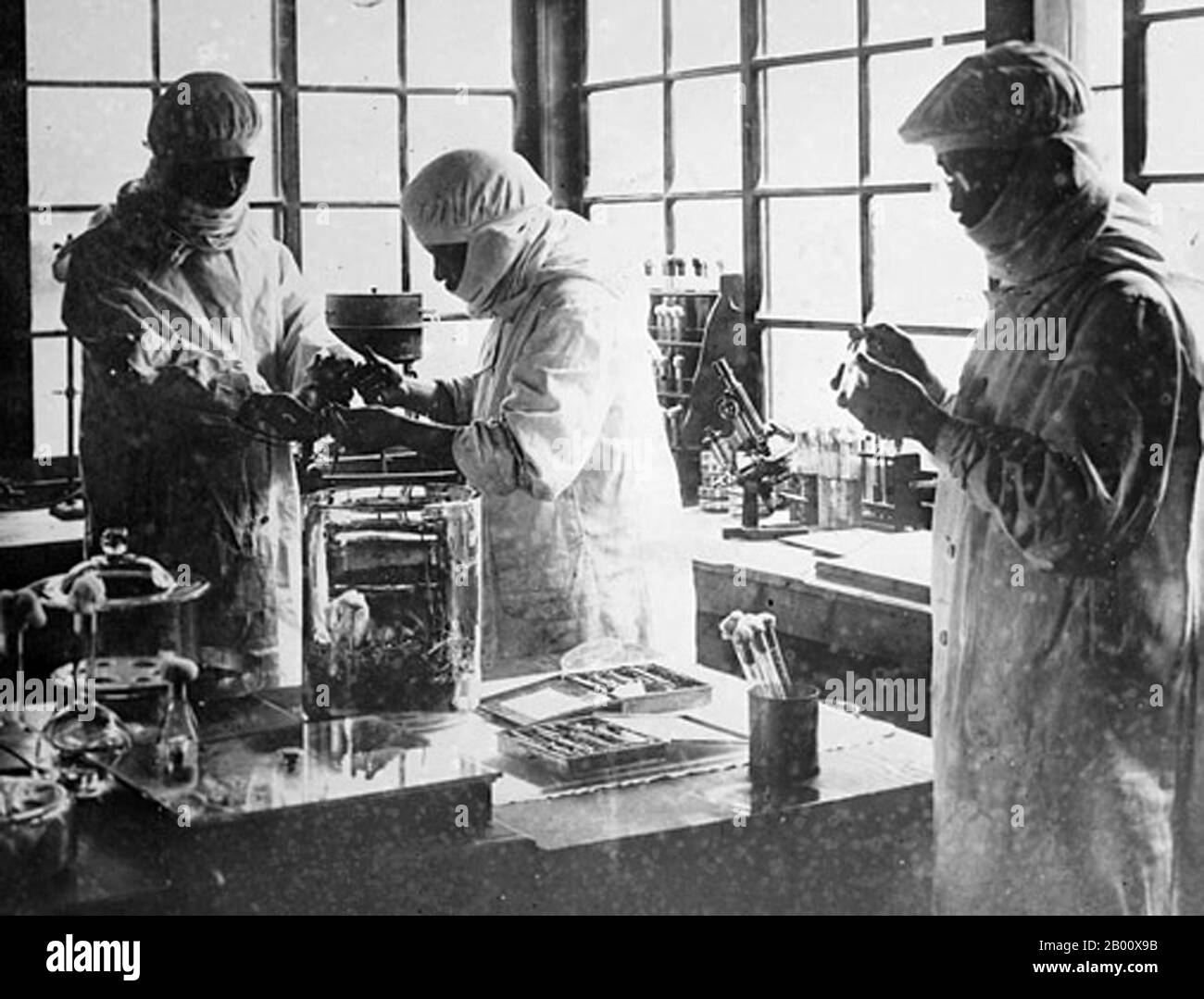 China: Japanese staff conducting an experiment at Unit 731 in Northeast China (1937-1945).  Unit 731 was a covert biological and chemical warfare research and development unit of the Imperial Japanese Army that undertook lethal human experimentation during the Second Sino-Japanese War (1937–1945) and World War II. It was responsible for some of the most notorious war crimes carried out by Japanese personnel. Unit 731 was the code name of an Imperial Japanese Army unit officially known as the Epidemic Prevention and Water Purification Department of the Kwantung Army. Stock Photo