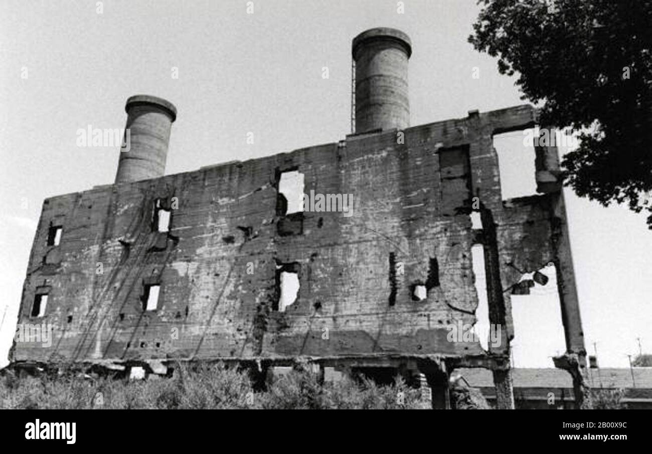 China: A damaged building at Unit 731 near Harbin just after World War II.  Unit 731 was a covert biological and chemical warfare research and development unit of the Imperial Japanese Army that undertook lethal human experimentation during the Second Sino-Japanese War (1937–1945) and World War II. It was responsible for some of the most notorious war crimes carried out by Japanese personnel. Unit 731 was the code name of an Imperial Japanese Army unit officially known as the Epidemic Prevention and Water Purification Department of the Kwantung Army. Stock Photo