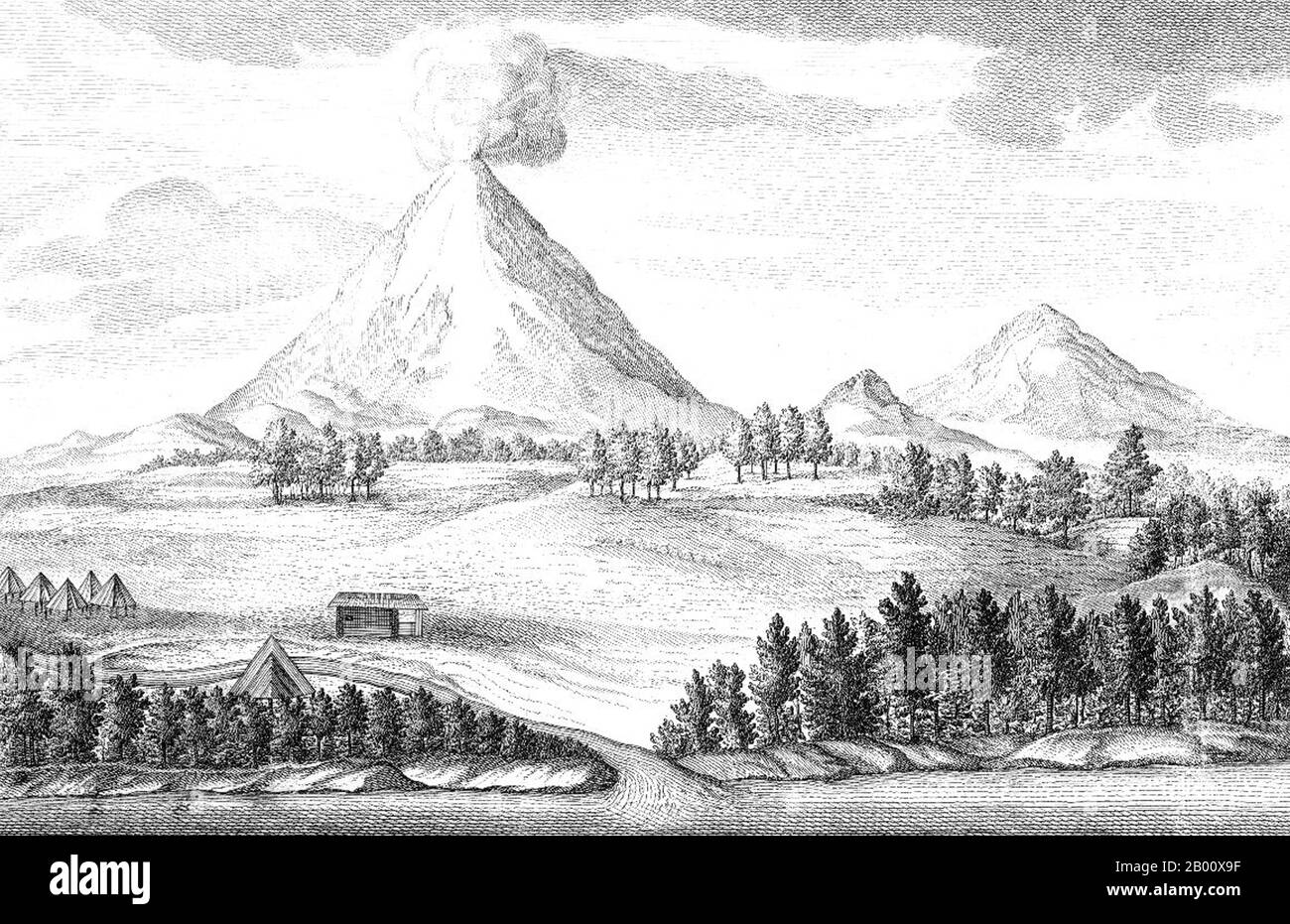 Russia: 'Volcanoes on Kamchatka'. Illustration by Stepan Krasheninnikov (1711-1755), 1755.  An illustration from Stepan Krasheninnikov's 'Account of the Land of Kamchatka'. The Kamchatka Peninsula is a 1,250-kilometer long peninsula in the Russian Far East, with an area of 472,300 km2 (182,400 sq mi). It lies between the Pacific Ocean to the east and the Sea of Okhotsk to the west. Immediately offshore along the Pacific coast of the peninsula runs the 10,500-metre (34,400 ft) deep Kuril-Kamchatka Trench. Stock Photo