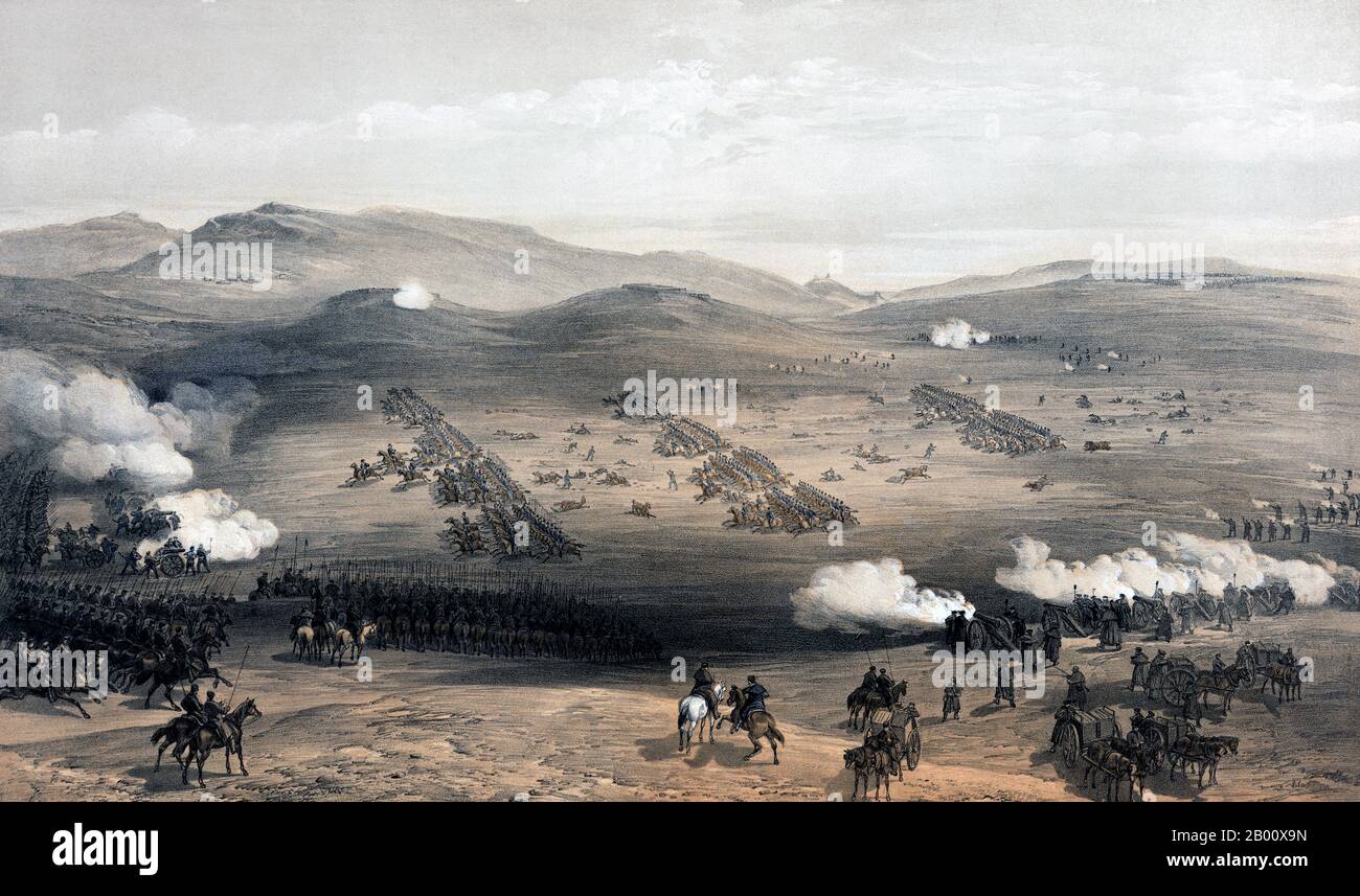 Russia: 'The Charge of the Light Brigade at Balaklava'. Tinted lithograph by William Simpson (1823-1899), illustrating the Light Brigade's charge into the 'Valley of Death' from the Russian perspective, 1855.  Charge of the Light Cavalry Brigade, 25th Oct. 1854, under Major General the Earl of Cardigan. Lord Cardigan leads the charge of the light brigade toward Russian artillery on the left, while in the foreground, Russian artillery fire on the left flank of the charging light brigade, as artillery on the hills in the background fire on the right flank; Russian cavalry wait to counterattack. Stock Photo