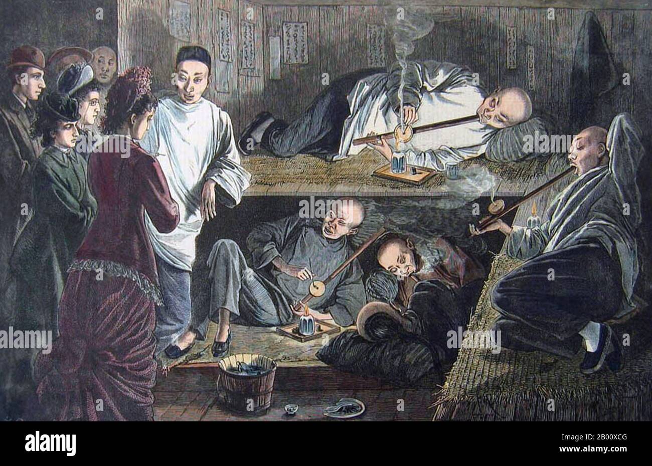 USA: A visit to an opium den, Kearney Street, San Francisco, 1878.  1878 image of people in an opium den in Chinatown, San Francisco. Hand-coloured engraved image titled: 'California - An Evening in the Chinese Quarter of San Francisco - The Chinaman's Paradise, A Favorite Haunt of Opium-Smokers on Kearney Street'. Stock Photo