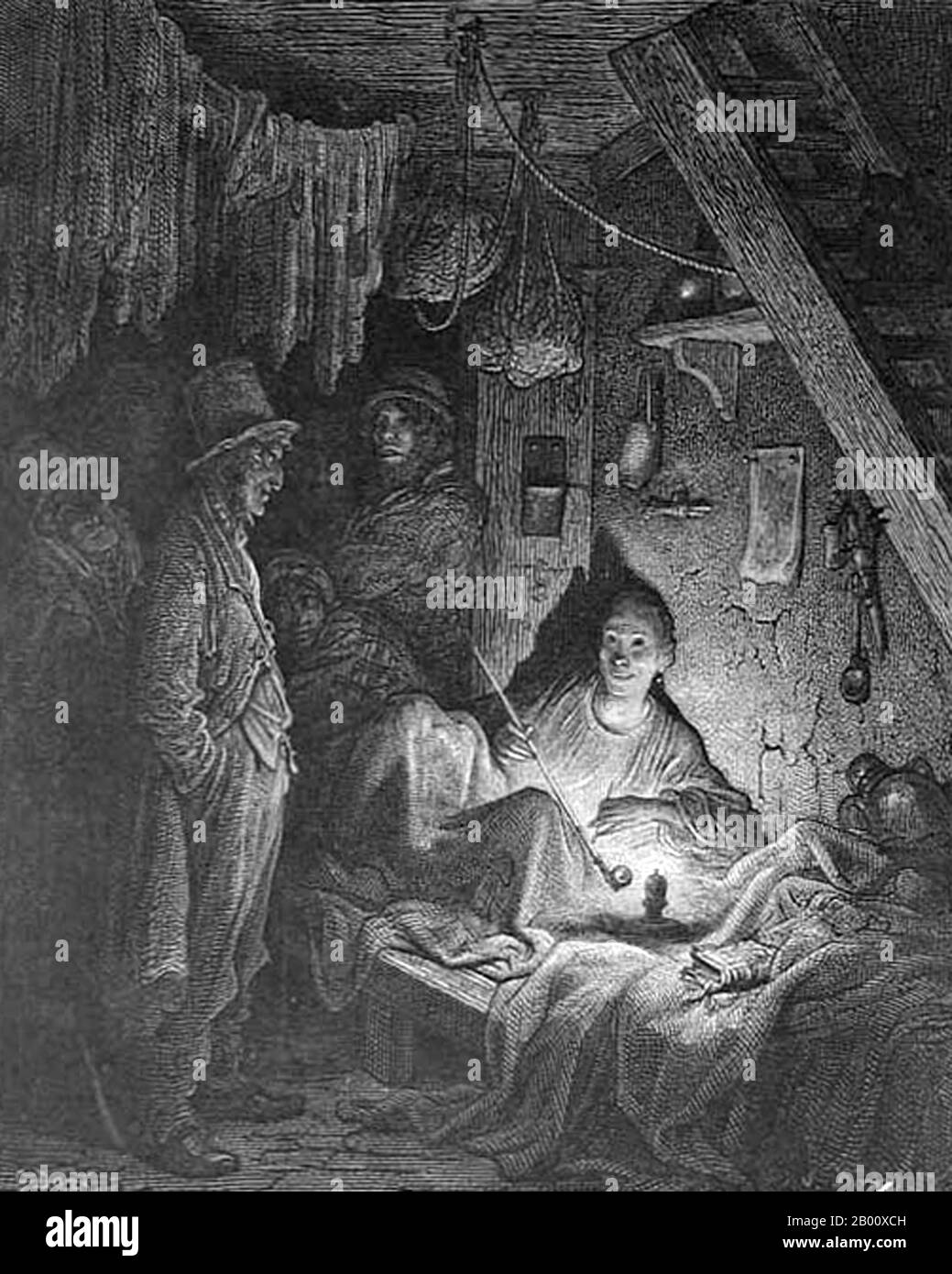 England/UK: 'Opium Smoking in the Lascar's Room', London. Engraving by Gustave Dore (1832-1883), 1873.  Engraved image titled: 'Opium Smoking - The Lascar's Room in Edwin Drood', from Harper's Weekly. A 'Lascar' was a sailor or militiaman from the Indian subcontinent or other countries east of the Cape of Good Hope, employed on European ships from the 16th century until the beginning of the 20th century. The word comes from the Persian Lashkar, meaning military camp or army, and al-askar, the Arabic word for a guard or soldier. Stock Photo
