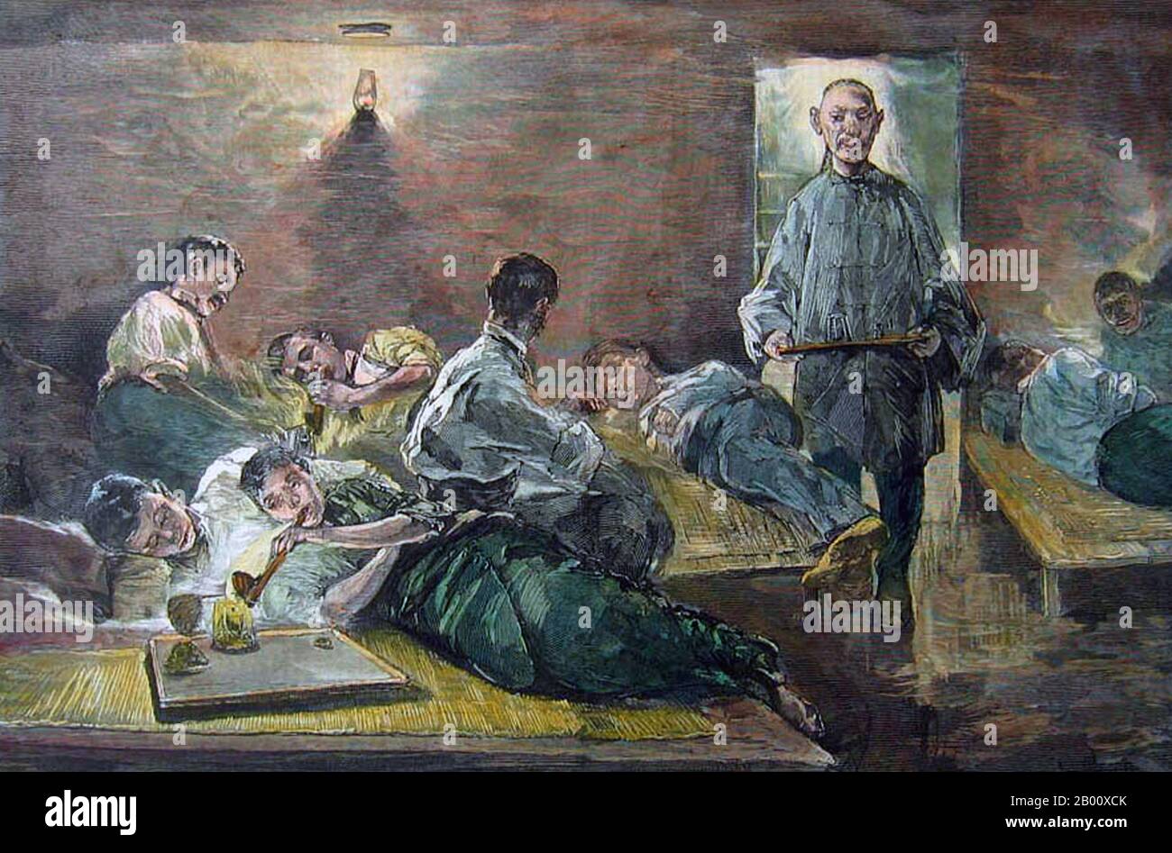 USA: 'American Opium Smokers - interior of a New York Opium Den'. Engraving by John White Alexander (1856-1915), 1881.  Hand-coloured engraved image titled 'American Opium Smokers-Interior of a New York Opium Den', drawn by J. W. Alexander for Harper's Weekly. Stock Photo