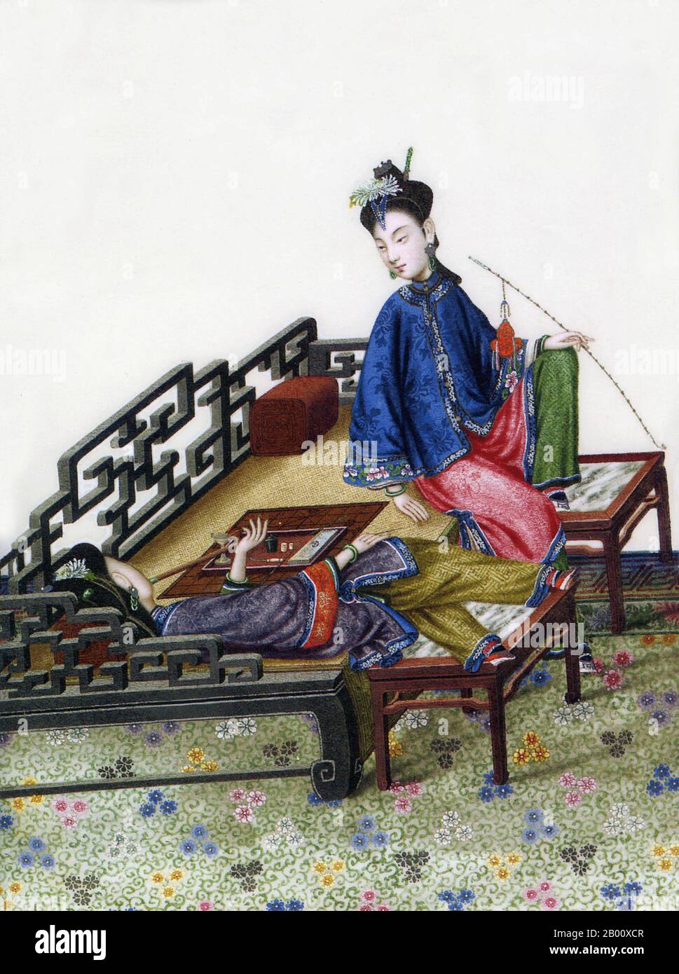 China: Two ladies smoking opium, late Qing Dynasty painting.  The Qing Dynasty (1644–1911) was founded after the Manchus defeated the Ming, the last Han Chinese dynasty. The Manchus introduced a 'queue order', forcing the Han Chinese to adopt the Manchu queue hairstyle and Manchu-style clothing.  The Qing consolidated control of some areas originally under the Ming, including Yunnan. They also stretched their sphere of influence over Xinjiang, Tibet and Mongolia. But during the 19th century, Qing control weakened, and it collapsed in 1912, replaced by the Republic of China. Stock Photo