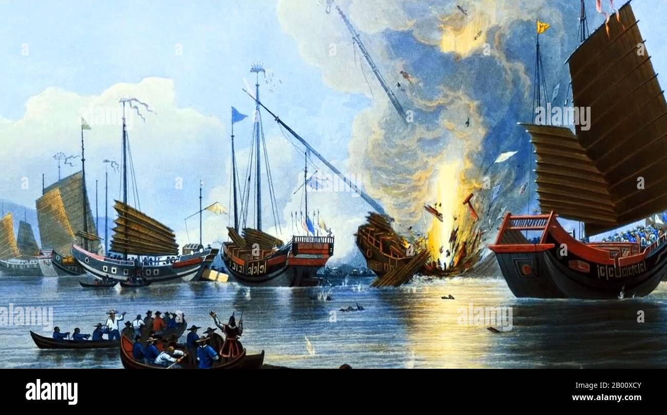 China/UK: The First Opium War - The Steamer Nemesis Destroying Chinese War Junks in the Canton River. Engraved painting by Edward Duncan (1803-1882), 1843.  The First Anglo-Chinese War (1839–42), known popularly as the First Opium War, was fought between the British Empire and the Qing Dynasty of China, with the aim of securing economic benefits from trade in (and forcing opium on) China. In 1842, the Treaty of Nanking - the first of what the Chinese called the unequal treaties - granted an indemnity to Britain, the opening of five treaty ports, and the cession of Hong Kong Island. Stock Photo