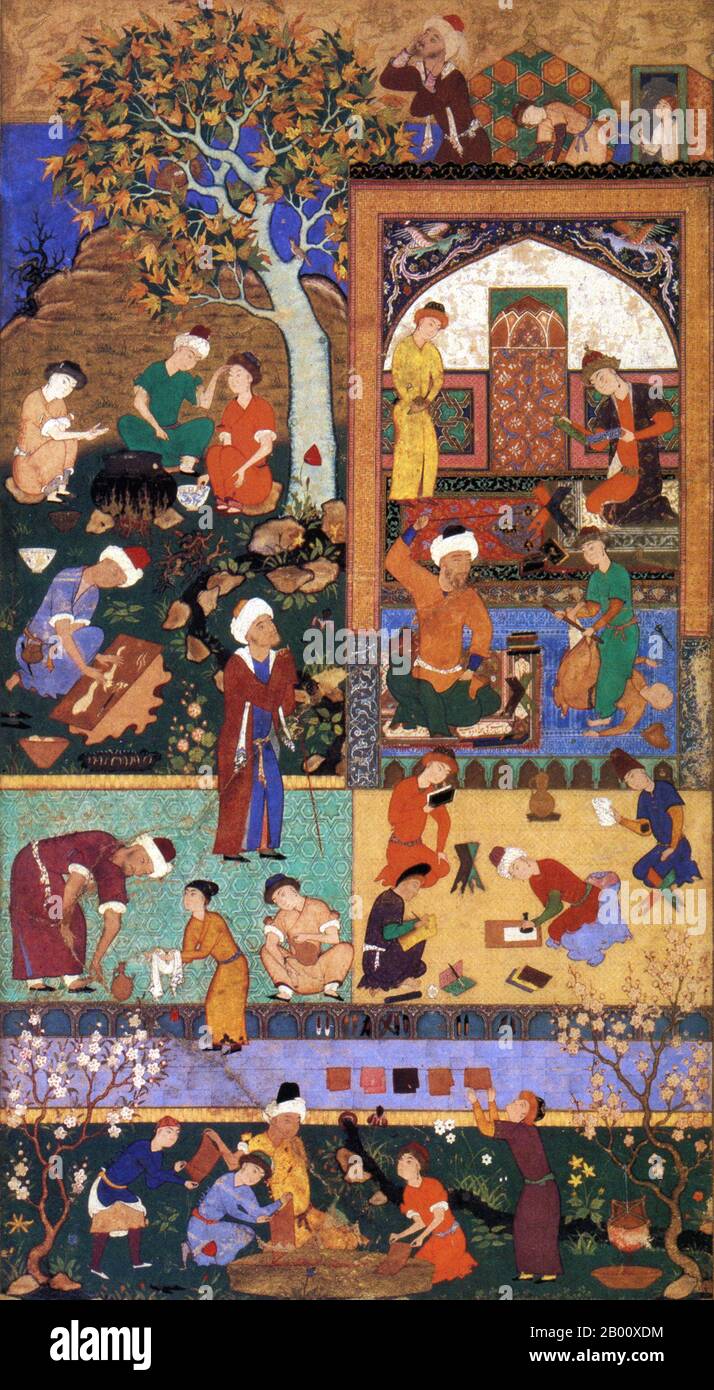 Iran: A muezzin calls the faithful to prayer, while in a madrassa, students cook, read, write, wash or are beaten by the master in this painting from Tabriz, c. 1540 CE.  Tabriz was capital of the Safavid Empire from 1501 to 1548, during which time many great painters, such as Aqa Mirak, Mir Sayyid Ali and Dust Muhammad produced magnificent royal manuscripts. Safavid art set the standard for painting, literature and architecture, as well as ceramics, metal and glass. Aside from Persian culture, much Safavid art was also strongly influenced by Turkish, Chinese, Ottoman and Western cultures. Stock Photo