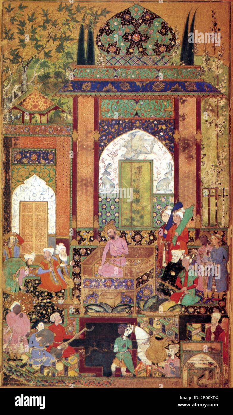 India: The first great Mughal emperor, Babur, receives a courtier in this illustration by Farrukh Beg (1545-1615) from a 1589 copy of his autobiography, ‘Barburnama’.  Zahir ud-din Muhammad Babur (1483—1530-1) was a Muslim conqueror from Central Asia who succeeded in laying the basis for the Mughal dynasty of India. He was a direct descendant of Timur (Tamerlane) and of Genghis Khan. Babur identified his lineage as Timurid and Chaghatay-Turkic, while his origin, milieu, training and culture were steeped in Persian culture. Stock Photo