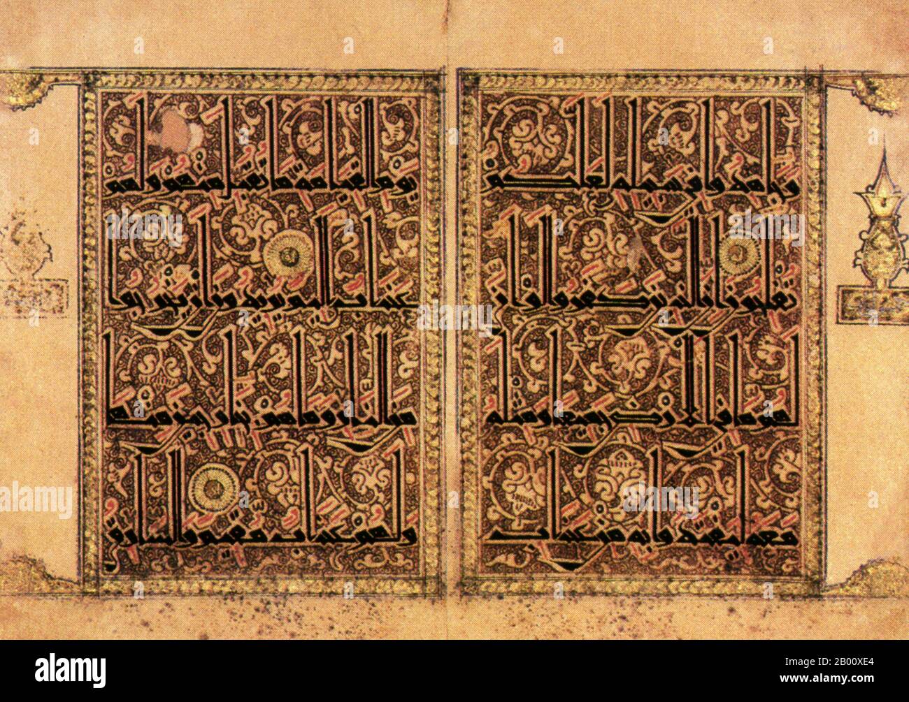 Arabia/Middle East: Two pages from an 11th-century copy of the Qur’an.  The Qur’an (literally “the recitation”) is the main religious text of Islam. Muslims believe the Qur’an to be the verbal divine guidance and moral direction for mankind. Muslims also consider the original Arabic verbal text to be the final revelation of God. Muslims believe that the Qur’an was revealed from God to Muhammad through the angel Gabriel from 610 to 632 CE, the year of the Prophet’s death. Muhammad recited the Qur’an to his thousands of followers, who recited it until they had memorized it. Stock Photo