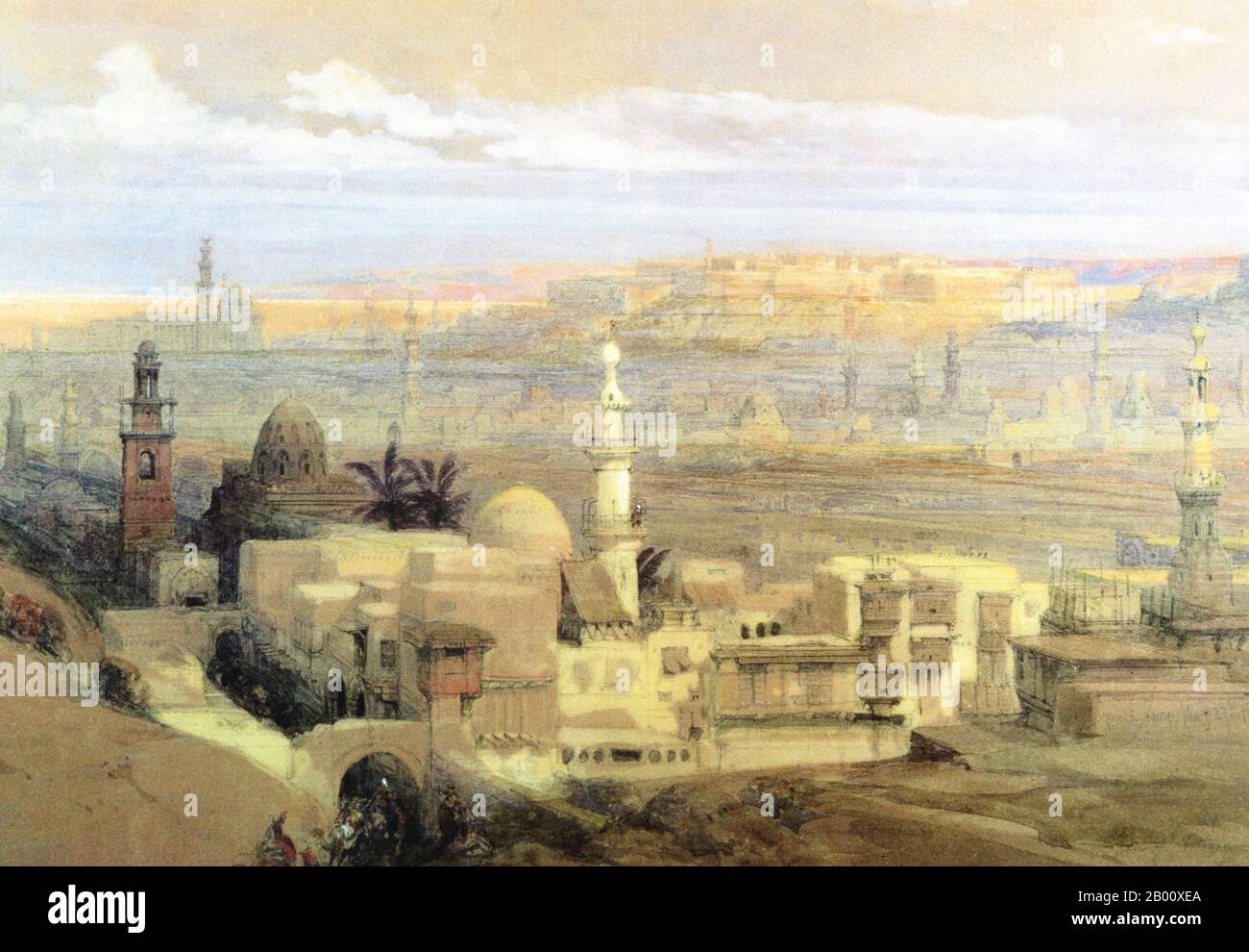Egypt: ‘Cairo from the Gate of Citizenib, looking towards the Desert of Suez'. Watercolour painting by David Roberts (1796-1864), c. 1839-1840.  David Roberts (1796-1864) was a Scottish painter renowned for a prolific series of detailed lithograph prints and paintings of Egypt and the Middle East that he produced during long tours of the region. He was elected as a Royal Academician in 1841. Stock Photo