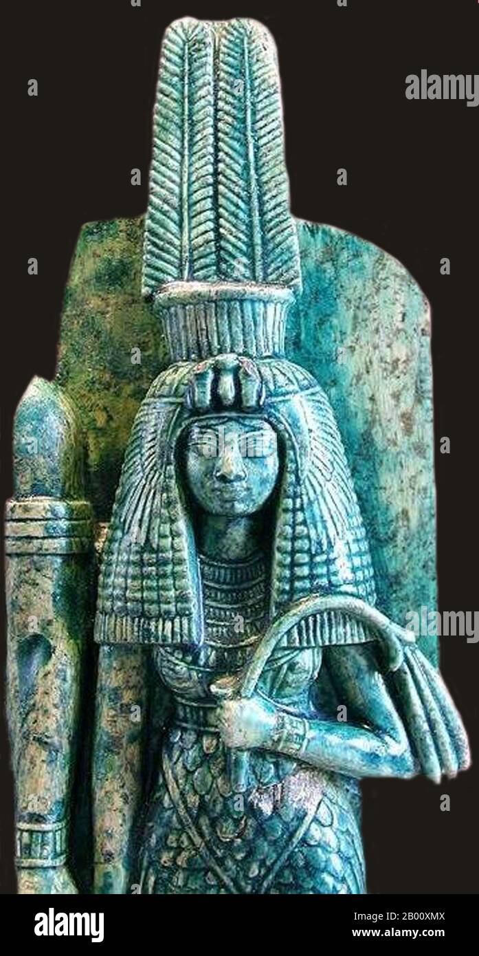 Egypt: Tiye (1398-1338 BCE), Great Queen of Pharaoh Amenhotep III of the 18th Dynasty (r.c. 1388-51 BCE), c. 1391-1353 BCE.  Tiye (c. 1398 BC – 1338 BC, also spelled Taia, Tiy and Tiyi) was the daughter of Yuya and Tjuyu (also spelled Thuyu). She became the Great Royal Wife of the Egyptian pharaoh Amenhotep III and matriarch of the Amarna family from which many members of the royal family of Ancient Egypt were born. Tiye's father, Yuya, was a wealthy landowner from the Upper Egyptian town of Akhmin, where he served as a priest and superintendent of oxen. Stock Photo