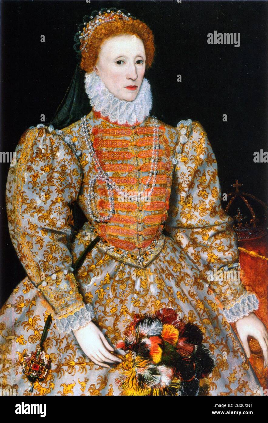 England: 'Queen Elizabeth I'. The 'Darnley Portrait', oil on panel painting by an unidentified artist, c. 1575.  Elizabeth I (7 September 1533 – 24 March 1603) was Queen regnant of England and Queen regnant of Ireland from 17 November 1558 until her death. Sometimes called The Virgin Queen, Gloriana, or Good Queen Bess, Elizabeth was the fifth and last monarch of the Tudor dynasty. Elizabeth I's foreign policy with regard to Asia, Africa and Latin America demonstrated a new understanding of the role of England as a maritime, Protestant power in an increasingly global economy. Stock Photo