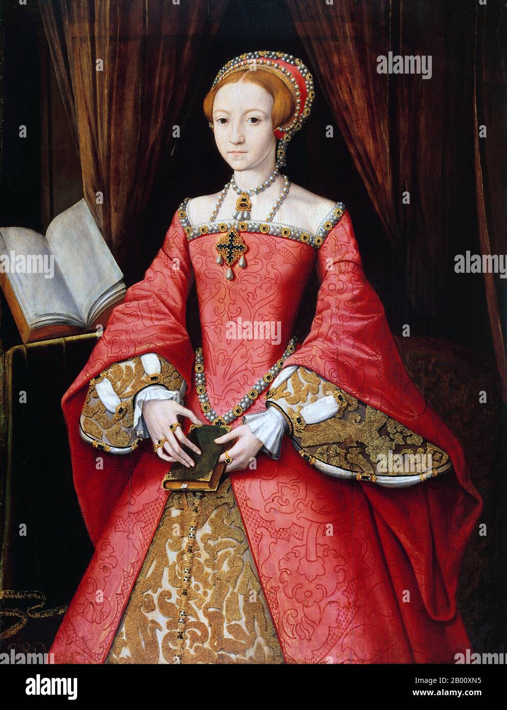 England: 'Elizabeth I when a Princess'. Oil on panel painting attributed to William Scrots (1537-1553), c. 1546-1547.  Elizabeth I (7 September 1533 – 24 March 1603) was Queen regnant of England and Queen regnant of Ireland from 17 November 1558 until her death. Sometimes called The Virgin Queen, Gloriana, or Good Queen Bess, Elizabeth was the fifth and last monarch of the Tudor dynasty. Elizabeth I's foreign policy with regard to Asia, Africa and Latin America demonstrated a new understanding of the role of England as a maritime, Protestant power in an increasingly global economy. Stock Photo