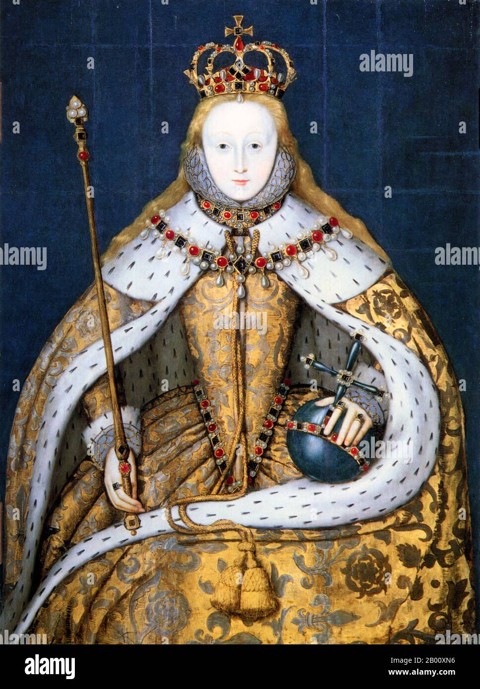 England: 'Queen Elizabeth I in Coronation Robes'. Oil on panel painting by an unknown artist c. 1600.  Elizabeth I (7 September 1533 – 24 March 1603) was Queen regnant of England and Queen regnant of Ireland from 17 November 1558 until her death. Sometimes called The Virgin Queen, Gloriana, or Good Queen Bess, Elizabeth was the fifth and last monarch of the Tudor dynasty. Elizabeth I's foreign policy with regard to Asia, Africa and Latin America demonstrated a new understanding of the role of England as a maritime, Protestant power in an increasingly global economy. Stock Photo