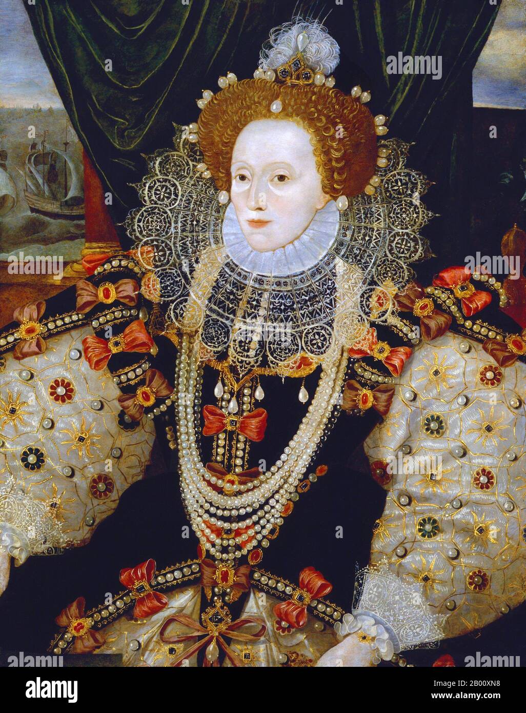 England: 'Portrait of Elizabeth I of England, the Armada Portrait'. Oil on panel painting formerly attributed to George Gower (1540-1596), c. 1588.  Elizabeth I (7 September 1533 – 24 March 1603) was Queen regnant of England and Queen regnant of Ireland from 17 November 1558 until her death. Sometimes called The Virgin Queen, Gloriana, or Good Queen Bess, Elizabeth was the fifth and last monarch of the Tudor dynasty. Elizabeth I's foreign policy with regard to Asia, Africa and Latin America demonstrated a new understanding of the role of England as a maritime, Protestant power globally. Stock Photo