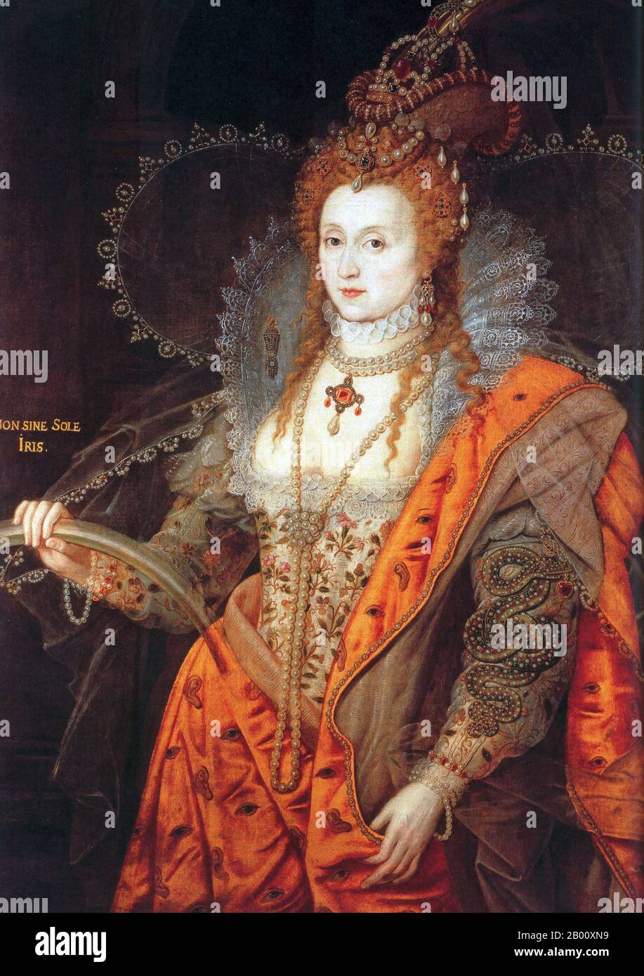 England: 'The Rainbow Portrait of Queen Elizabeth I'. Oil on canvas painting attributed to either Isaac Oliver (c. 1565–1617) or Marcus Gheeraerts the Younger (1561–1636), c. 1600-1602.  Elizabeth I (7 September 1533 – 24 March 1603) was Queen regnant of England and Queen regnant of Ireland from 17 November 1558 until her death. Sometimes called The Virgin Queen, Gloriana, or Good Queen Bess, Elizabeth was the fifth and last monarch of the Tudor dynasty. Elizabeth I's foreign policy with regard to Asia, Africa and Latin America demonstrated a new understanding of England's global economic role Stock Photo