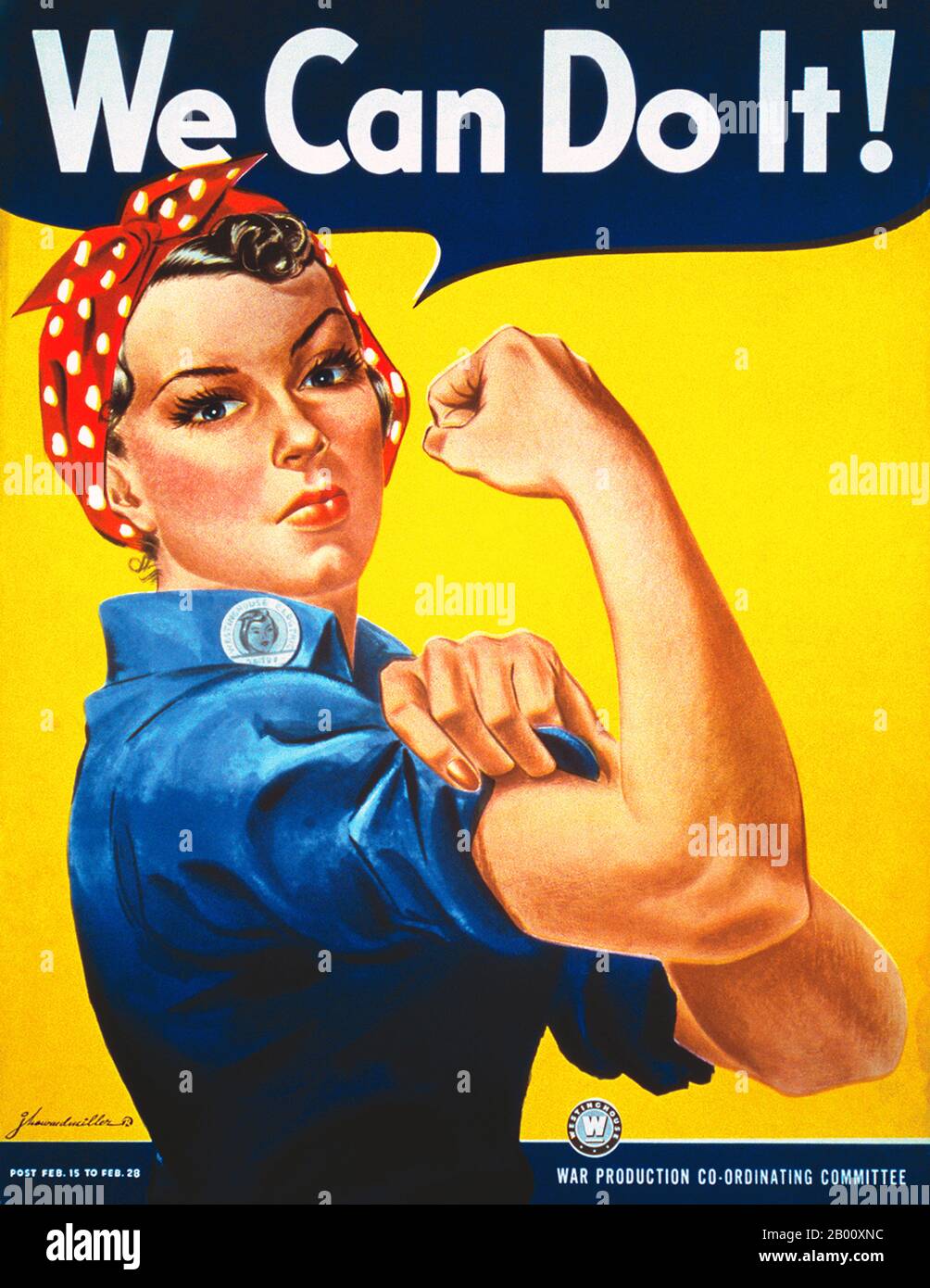 USA: 'Rosie the Riveter'. Propaganda poster by J. Howard Miller (1918-2004), Westinghouse, 1942.  'Rosie the Riveter' is a cultural icon of the United States representing the American women who worked in factories during World War II; many worked in manufacturing plants that produced munitions and war supplies. These women sometimes took entirely new jobs replacing the male workers who were in the military. The character is considered a feminist icon in the US and elsewhere. Stock Photo