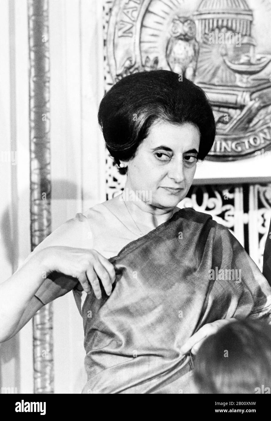 India: Indira Gandhi (1917-1984), Prime Minister of India for four consecutive terms, 1966-1984. Photo by Warren K. Leffler, 29 March 1966.  Indira Priyadarshini Gandhi (19 November 1917 – 31 October 1984) was the Prime Minister of the Republic of India for three consecutive terms from 1966 to 1977 and for a fourth term from 1980 until her assassination in 1984, a total of fifteen years. She is India's only female prime minister to date. She is the world's all time longest serving female Prime Minister. Stock Photo