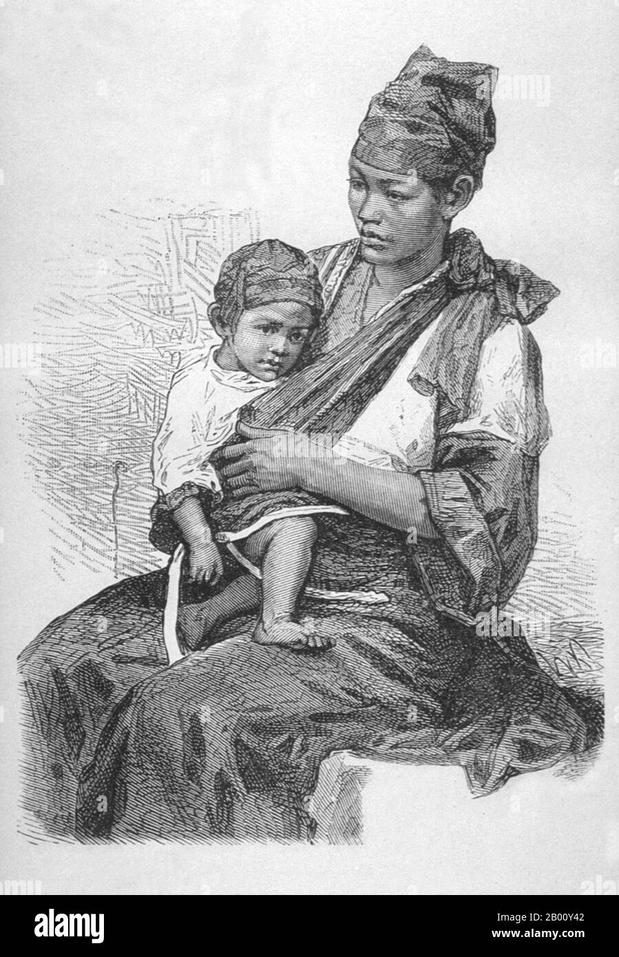 China/Taiwan: 'Pepohoan Mother and Child'. Illustration by John Thomson (1837-1921), 1875.  Taiwanese aborigines (Chinese: yuánzhùmín; Pe̍h-ōe-jī: gôan-chū-bîn; literally 'original inhabitants') may have been living on the islands for approximately 8,000 years before major Han Chinese immigration began in the 17th century. Taiwanese aborigines are Austronesian peoples, with linguistic and genetic ties to other Austronesian ethnic groups, such as peoples of the Philippines, Malaysia, Indonesia, Madagascar and Oceania. Stock Photo