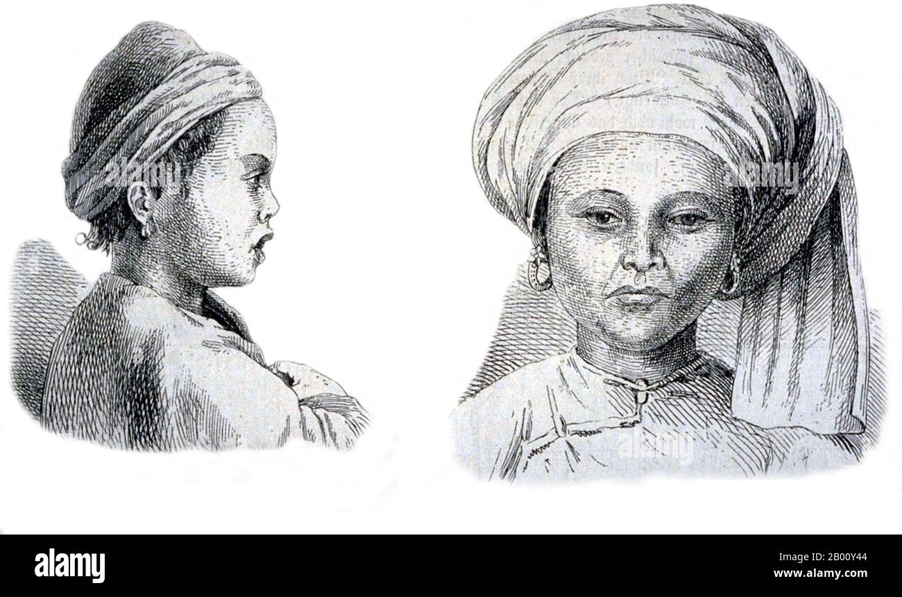 China/Taiwan: 'Pepohoan Woman and Child'. Illustration by Paul Ibis (1852-1877), 1877.  Taiwanese aborigines (Chinese: yuánzhùmín; Pe̍h-ōe-jī: gôan-chū-bîn; literally 'original inhabitants') may have been living on the islands for approximately 8,000 years before major Han Chinese immigration began in the 17th century. Taiwanese aborigines are Austronesian peoples, with linguistic and genetic ties to other Austronesian ethnic groups, such as peoples of the Philippines, Malaysia, Indonesia, Madagascar and Oceania. Stock Photo