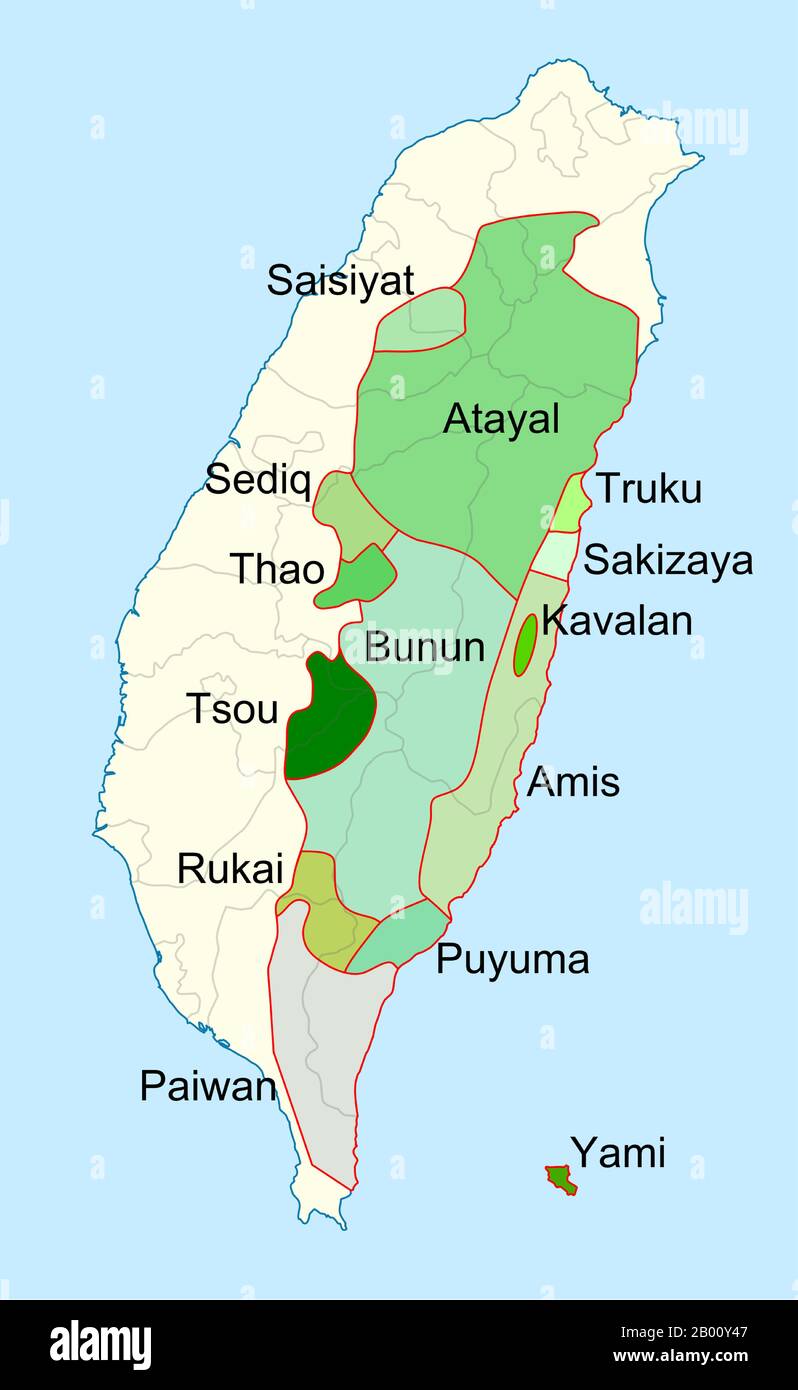 China/Taiwan: Map of the distribution of indigenous peoples in Taiwan.  Taiwanese aborigines (Chinese: yuánzhùmín; Pe̍h-ōe-jī: gôan-chū-bîn; literally 'original inhabitants') may have been living on the islands for approximately 8,000 years before major Han Chinese immigration began in the 17th century. Taiwanese aborigines are Austronesian peoples, with linguistic and genetic ties to other Austronesian ethnic groups, such as peoples of the Philippines, Malaysia, Indonesia, Madagascar and Oceania. Stock Photo