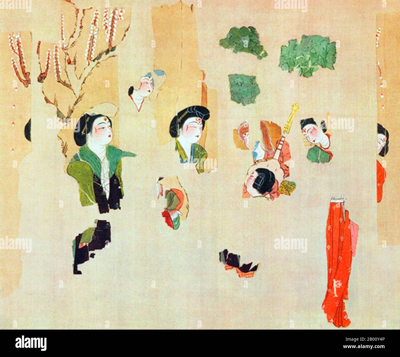 China/Silk Road: Fragments from panels of silk painting from Astana Tombs, Xinjiang.  The Astana Graves are a series of underground tombs located 6km from the ancient city of Gaochang, and 42km from Turpan, in Xinjiang, China. The tombs were used by the inhabitants of Gaochang, both commoners and locals, for about 600 years from 200 CE – 800 CE.  The complex covers 10 square kilometers and contains over 1,000 tombs. Different plots for separate castes and families are marked by gravel dividers. Due to the arid environment many important artifacts have been well preserved at the tombs. Stock Photo