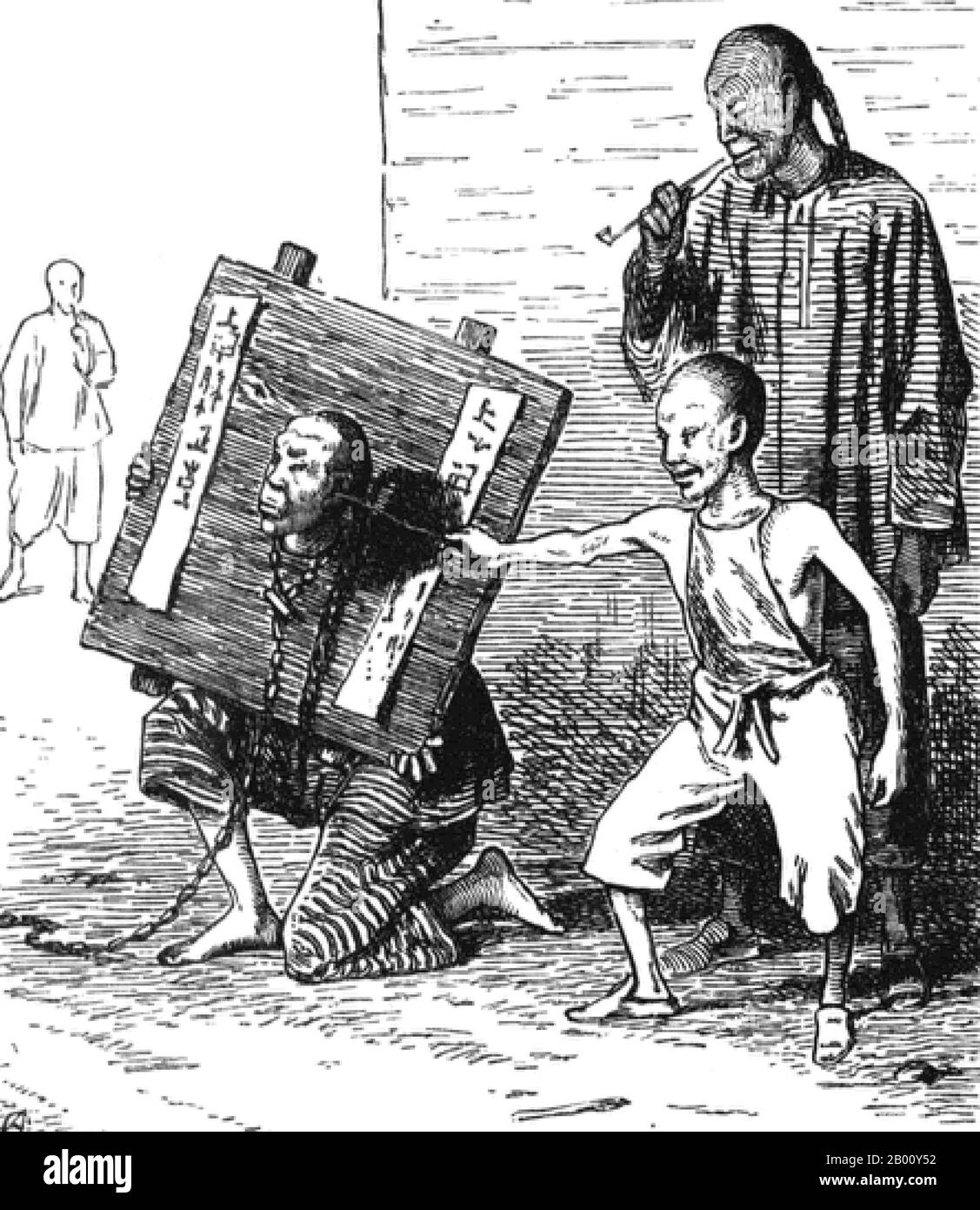 China: Child taunting a prisoner in a cangue, late 19th century.  A cangue was a device that was used for public humiliation and corporal punishment in China and some other parts of East Asia and Southeast Asia until the early years of the 20th century. It was somewhat similar to the pillory used for punishment in the West, except that the board of the cangue was not fixed to a base, and had to be carried around by the prisoner. Stock Photo