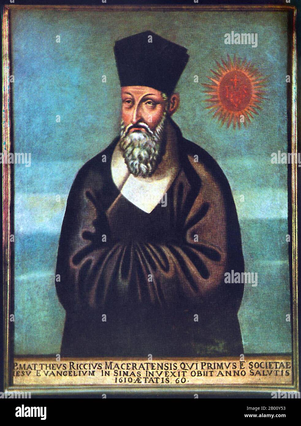 China: Matteo Ricci, SJ (1552 – 1610). Painted in 1610 by the Chinese brother Emmanuel Pereira (born Yu Wen-hui), who had learned his art from the Italian Jesuit, Giovanni Nicolao.  Matteo Ricci, SJ (October 6, 1552 – May 11, 1610; simplified Chinese: Lì Mǎdòu; courtesy name:  Xītài) was an Italian Jesuit priest, and one of the founding figures of the Jesuit China Mission. The age is incorrect: Ricci died during his fifty-eighth year. The portrait was taken to Rome in 1616 and displayed at the Jesuit house together with paintings of Ignatius of Loyola and Francis Xavier. It still hangs there. Stock Photo
