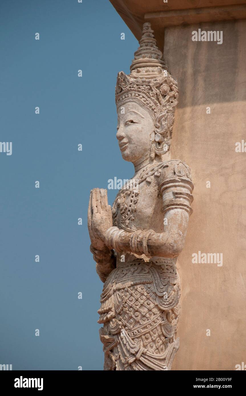 Thailand: Sculptures of thewada (angels) on the Ho Trai or library building, Wat Phra Singh, Chiang Mai, Northern Thailand. Wat Phra Singh or to give it its full name, Wat Phra Singh Woramahaviharn, was first constructed around 1345 by King Phayu, 5th king of the Mangrai Dynasty. King Mengrai founded the city of Chiang Mai (meaning "new city") in 1296, and it succeeded Chiang Rai as capital of the Lanna kingdom. Chiang Mai sometimes written as "Chiengmai" or "Chiangmai", is the largest and most culturally significant city in northern Thailand. Stock Photo