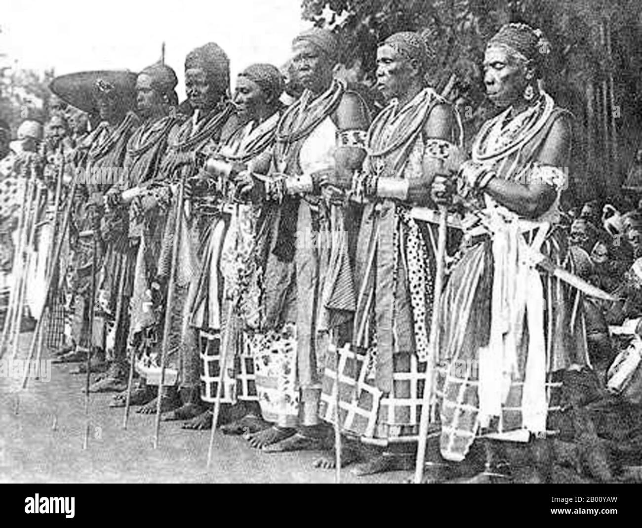 Benin/Dahomey:  Group of retired Mino or 'Dahomey Amazons'. Photo by Edmond Fortier (1862-1918), 1908.  The Dahomey Amazons or Mino were a Fon all-female military regiment of the Kingdom of Dahomey (now Benin) which lasted until the end of the 19th century. The Mino were recruited from among the ahosi ('king's wives') of which there were often hundreds. Some women in Fon society became ahosi voluntarily, while others were involuntarily enrolled if their husbands or fathers complained to the King about their behaviour. Stock Photo